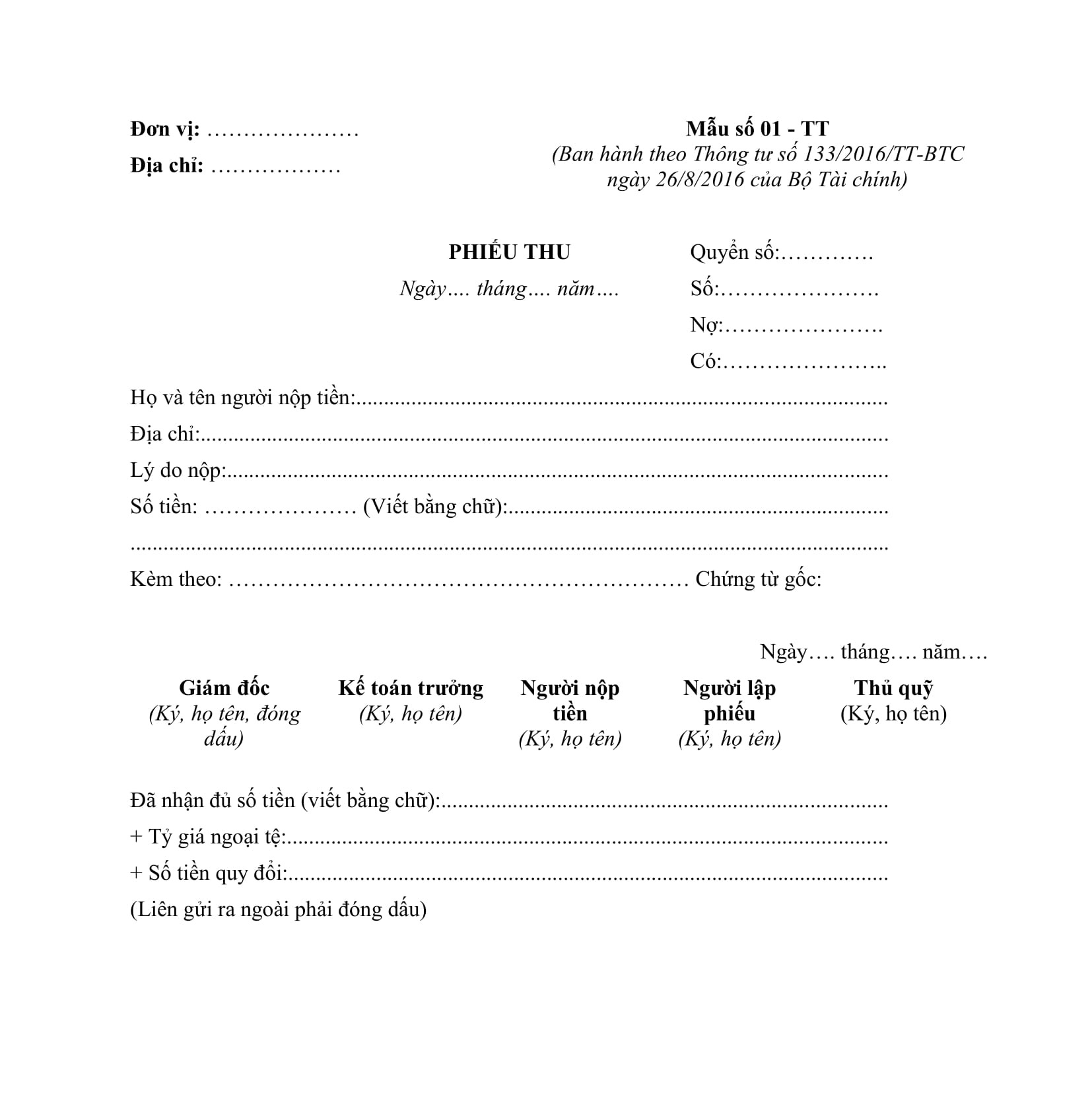 Mẫu phiếu thu