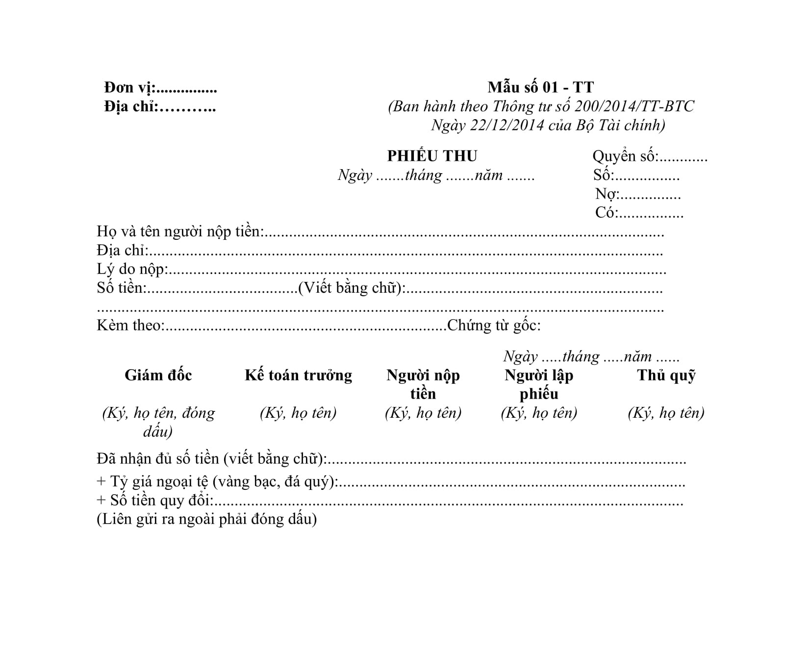 Mẫu phiếu thu