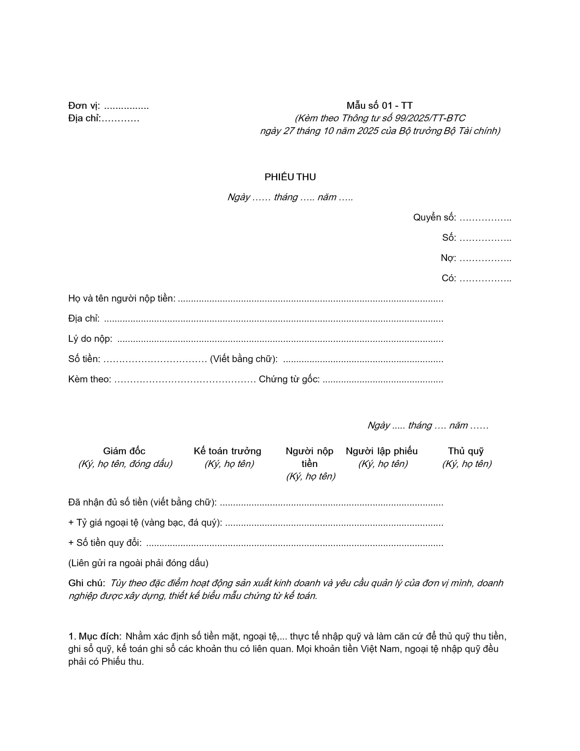 Mẫu phiếu thu TT99
