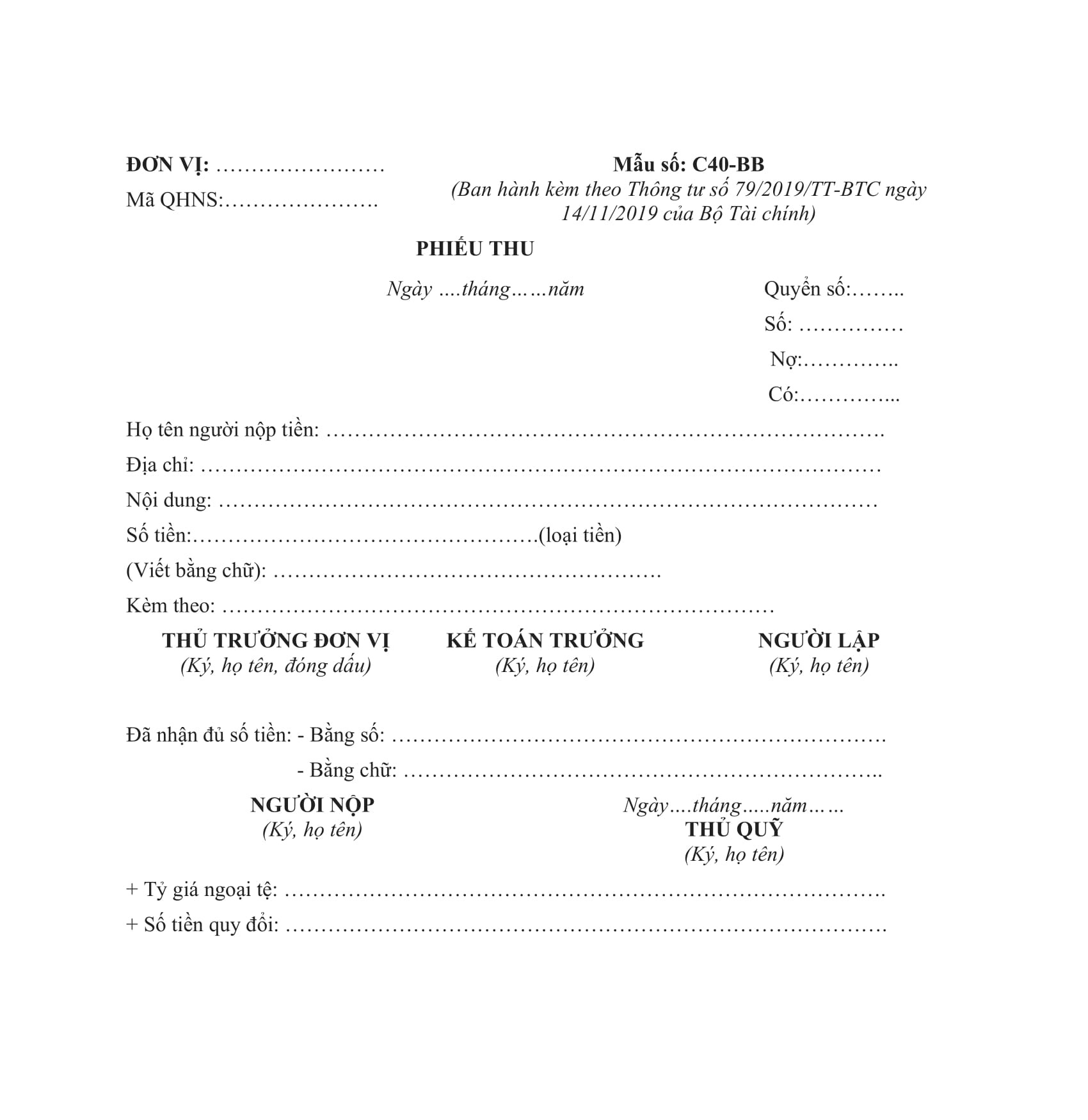 Mẫu phiếu thu