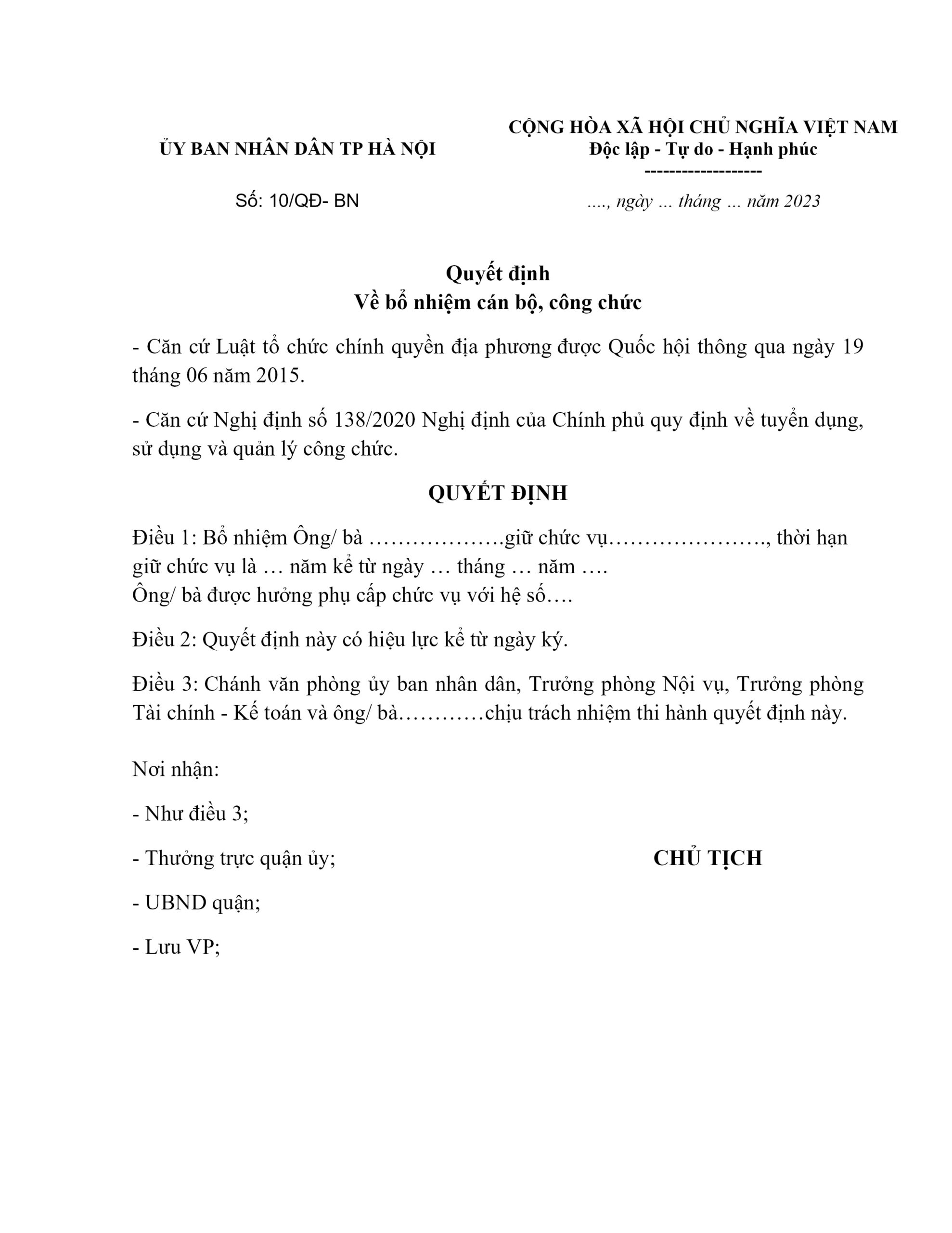 mẫu quyết định bổ nhiệm