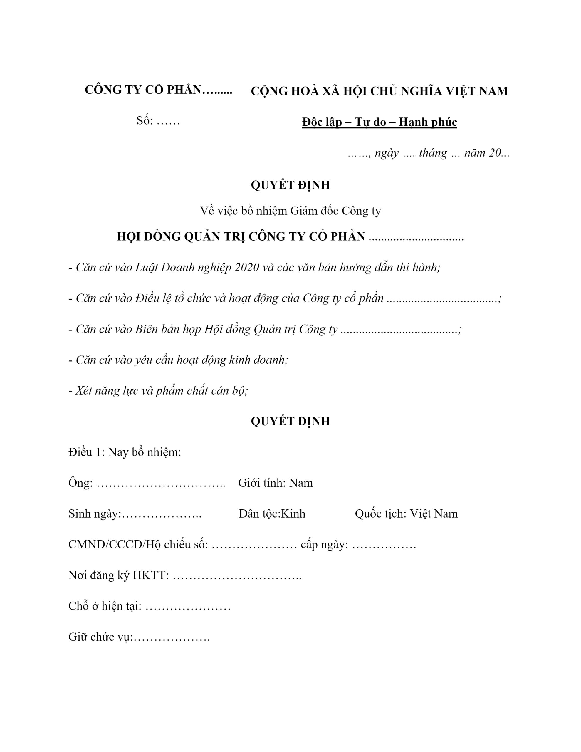 mẫu quyết định bổ nhiệm