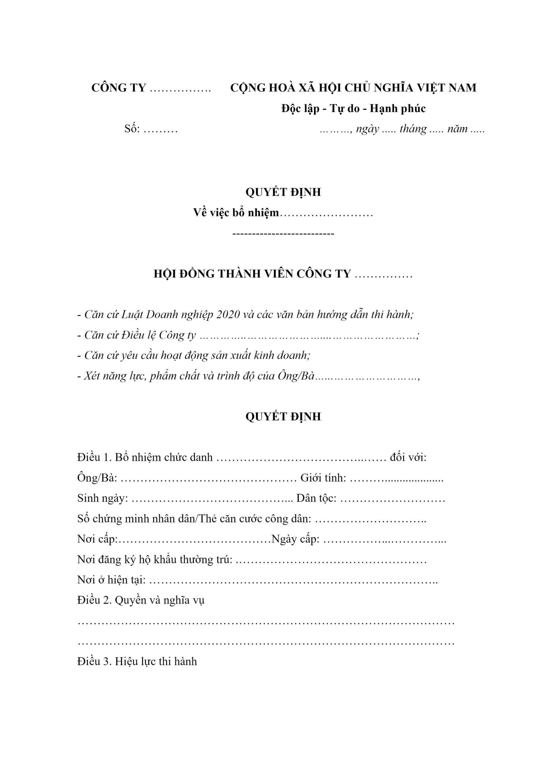 mẫu quyết định bổ nhiệm