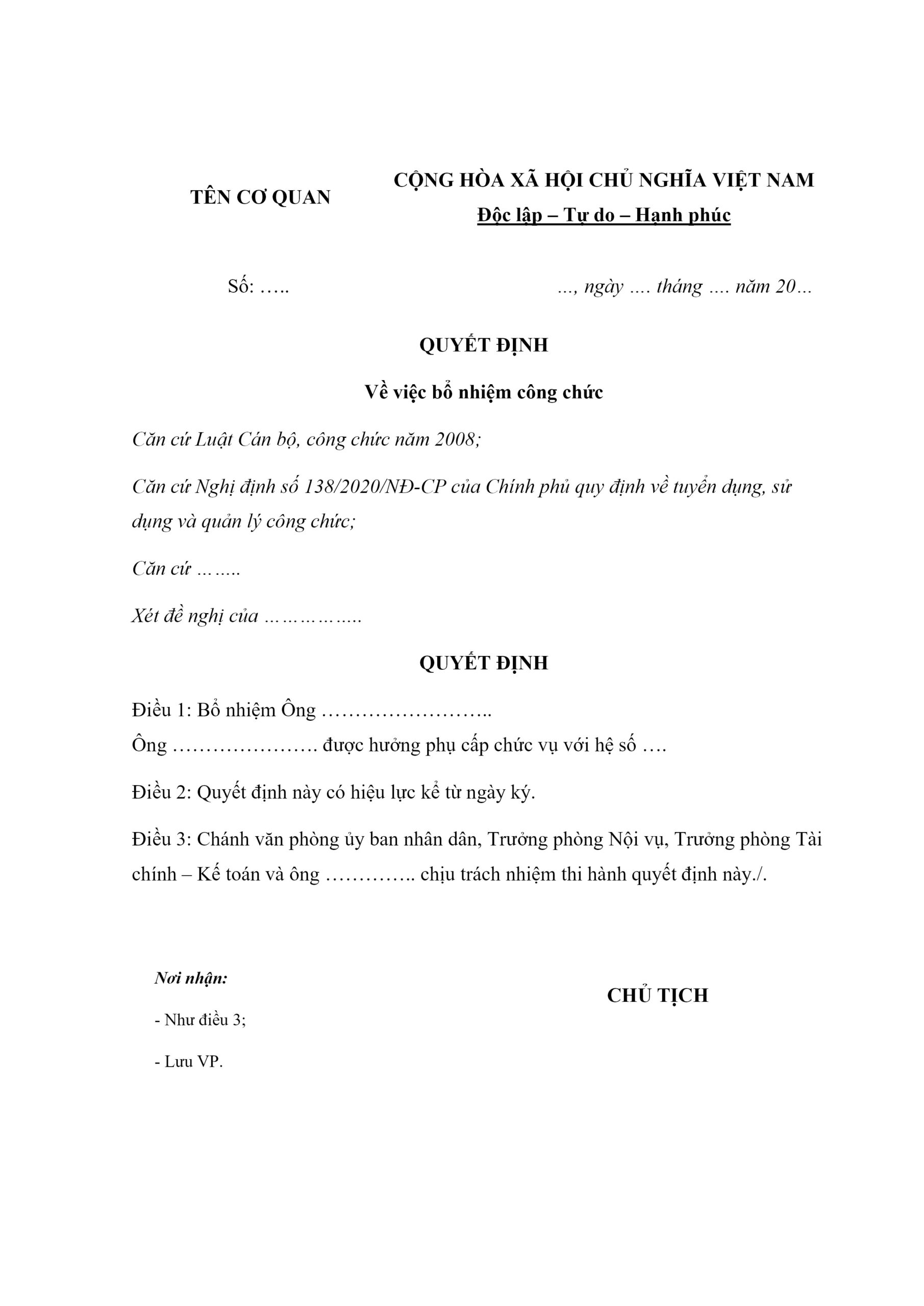 mẫu quyết định bổ nhiệm