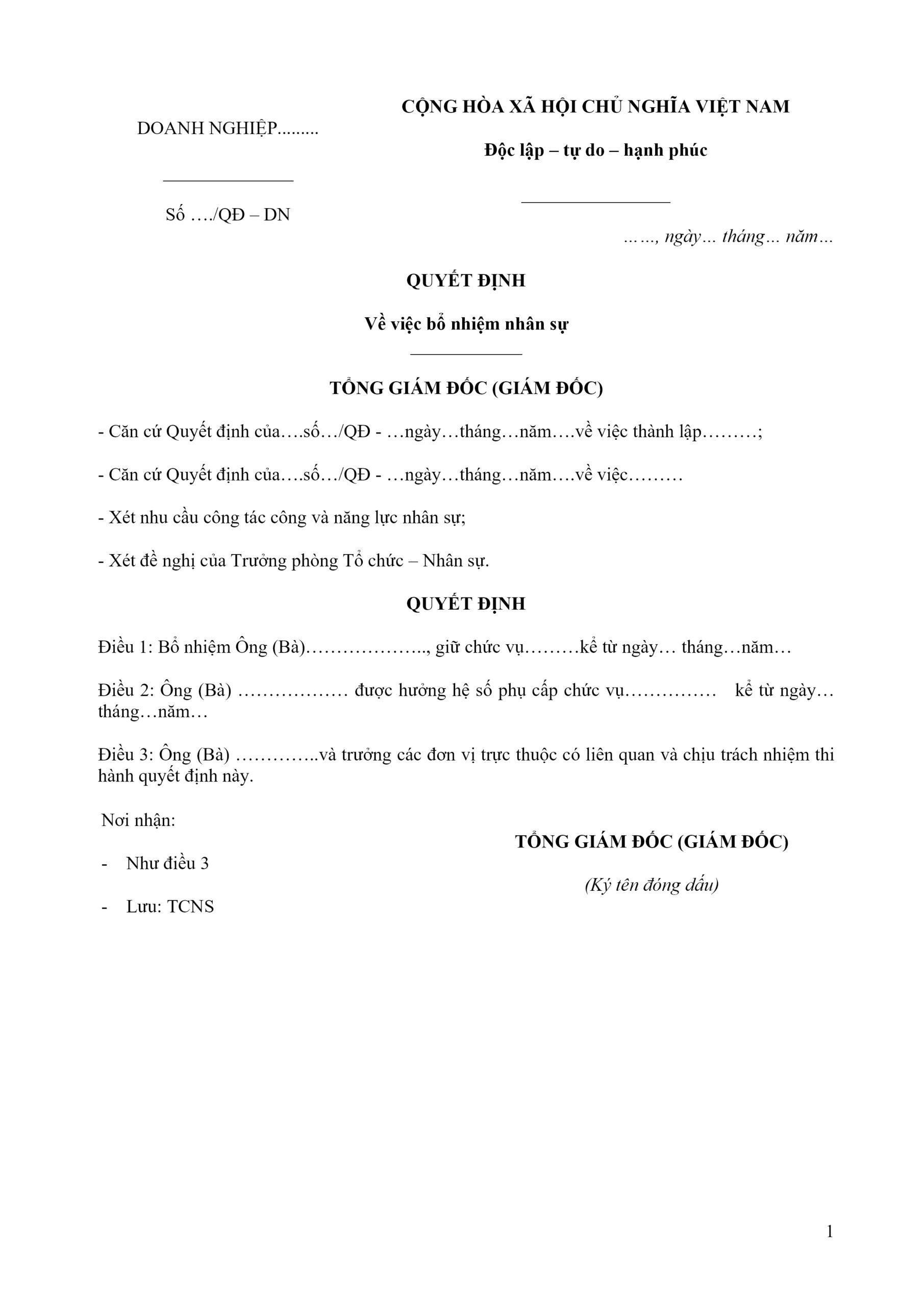 mẫu quyết định bổ nhiệm