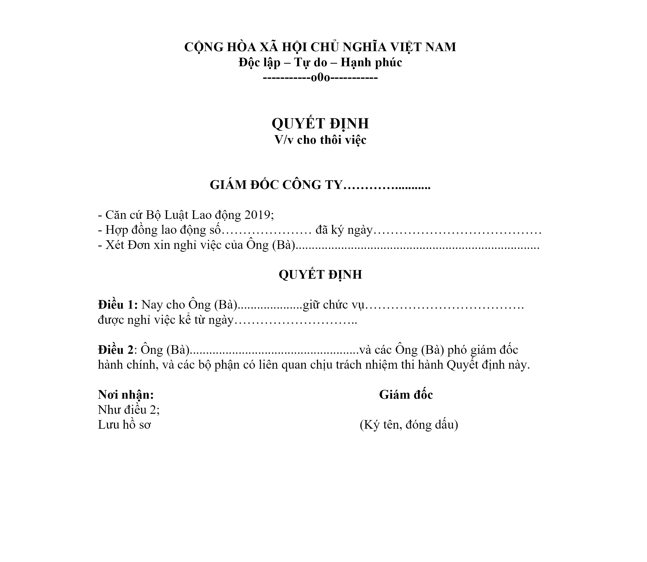 Mẫu việc định cho nghỉ việc
