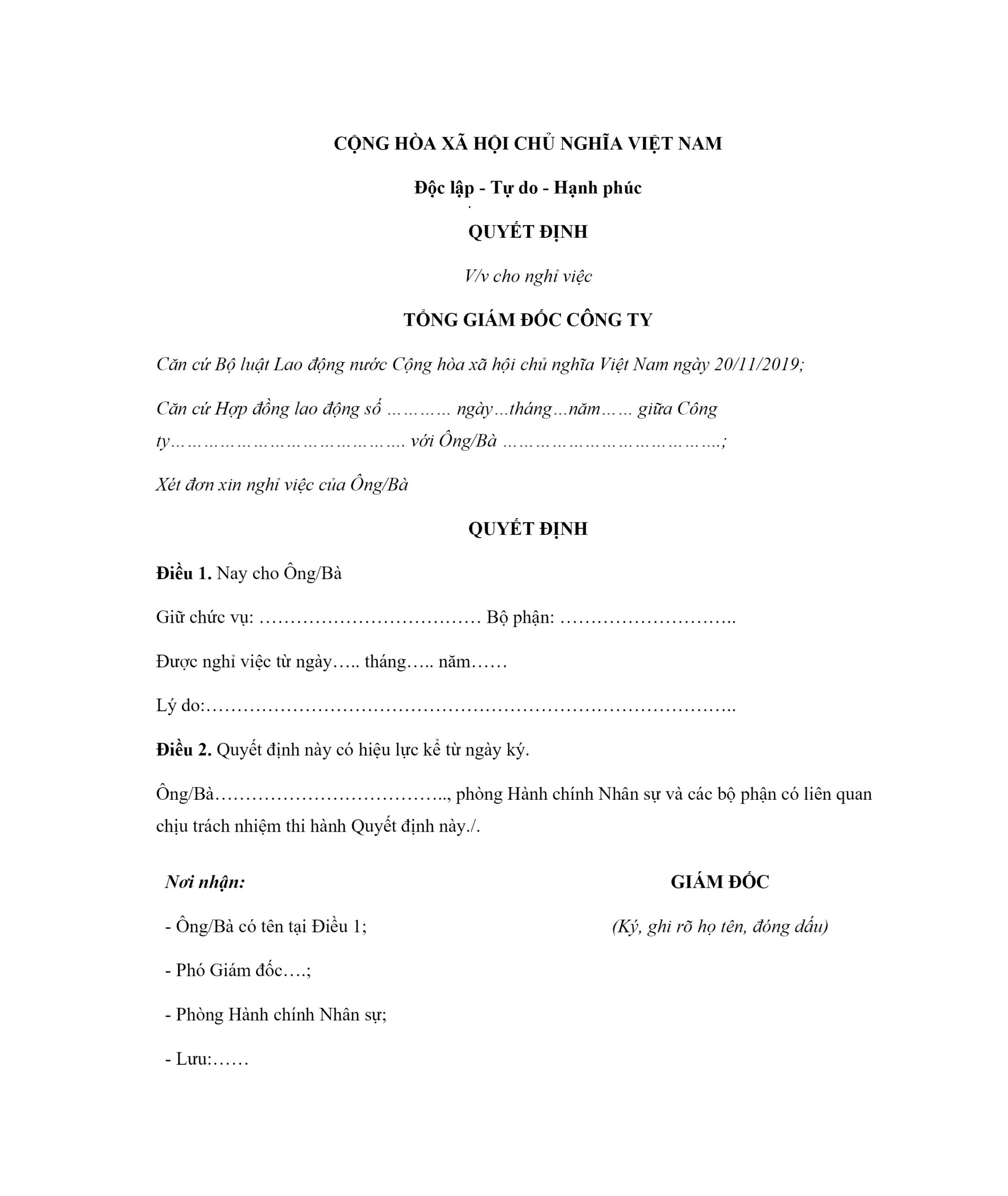 Mẫu việc định cho nghỉ việc