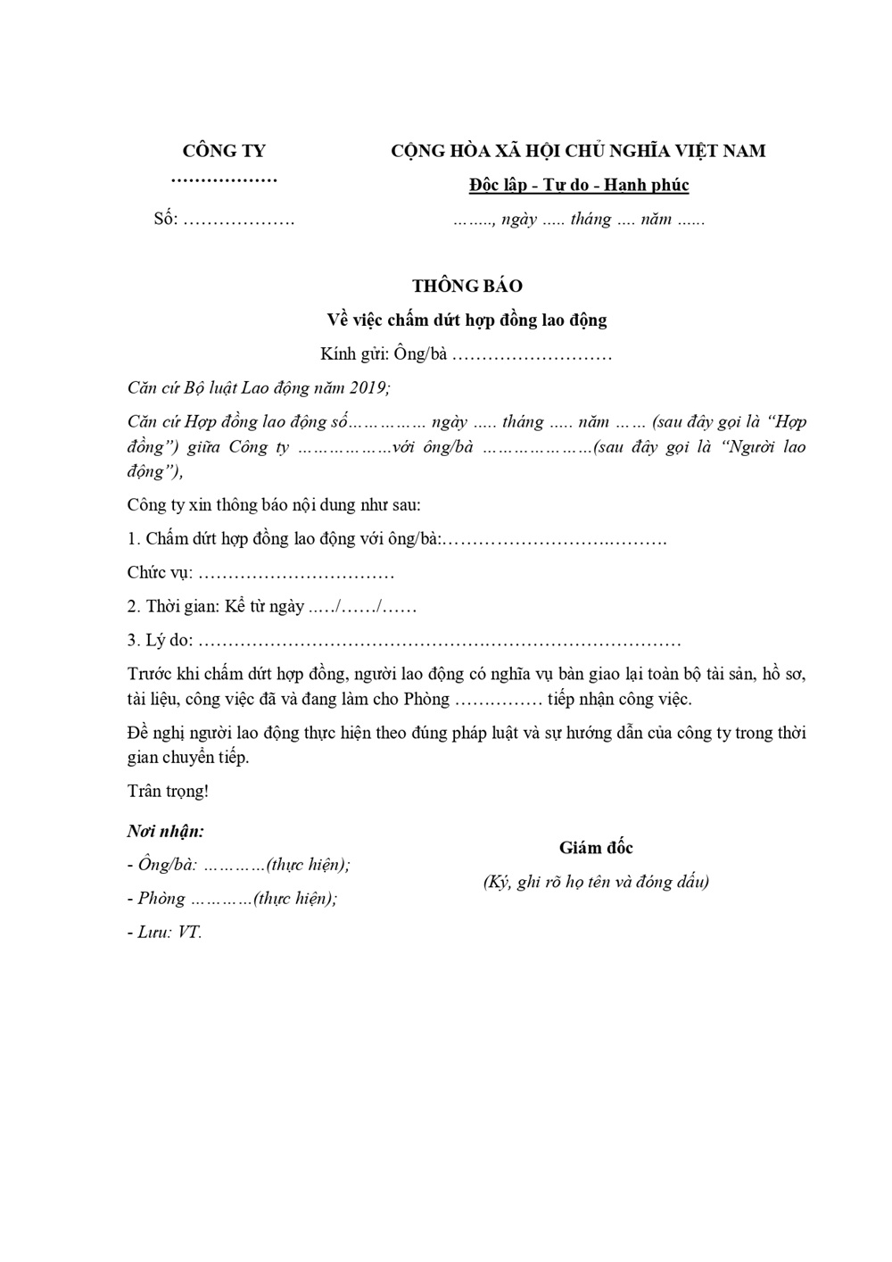 Nội dung bắt buộc trong hợp đồng chấm dứt hợp đồng lao động