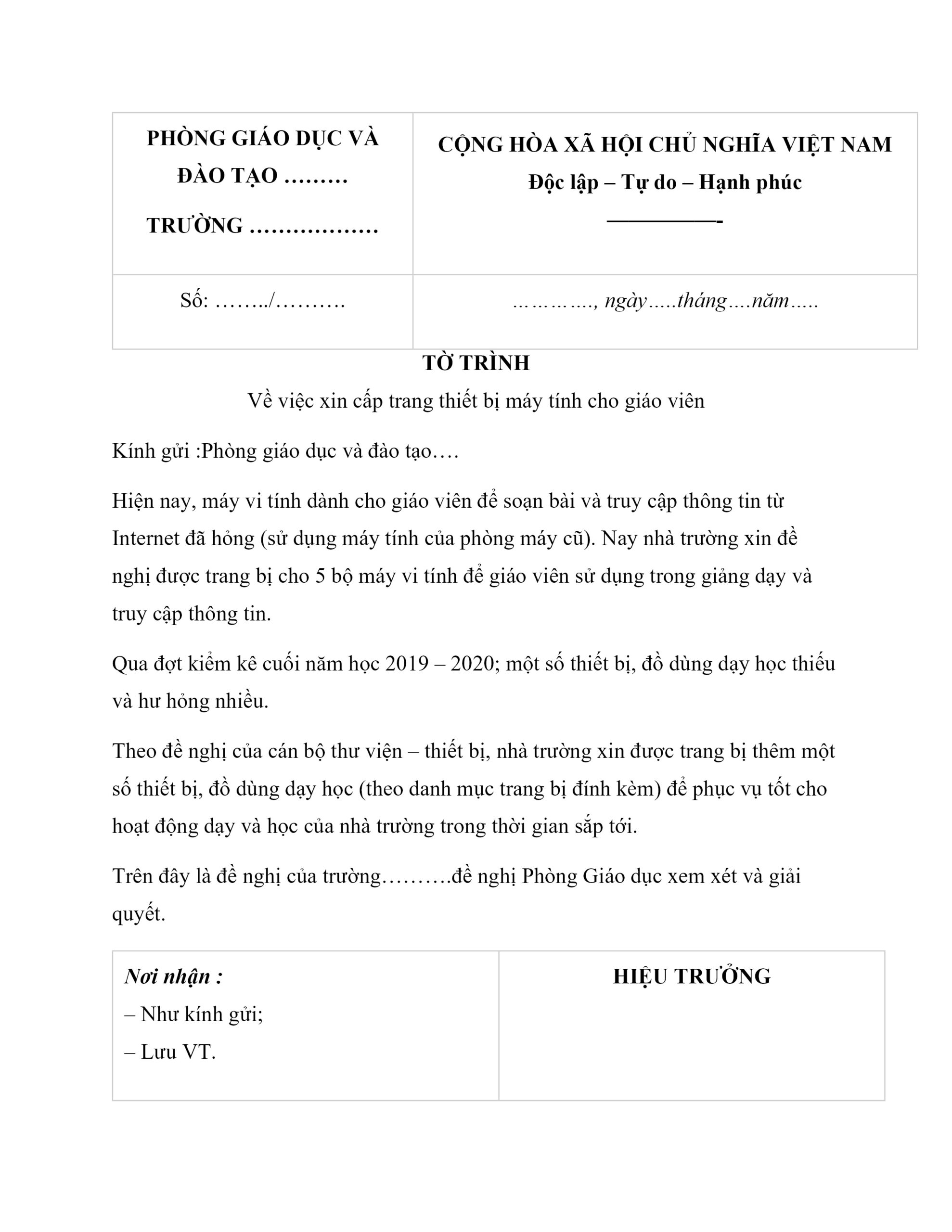 Mẫu tờ trình mới nhất