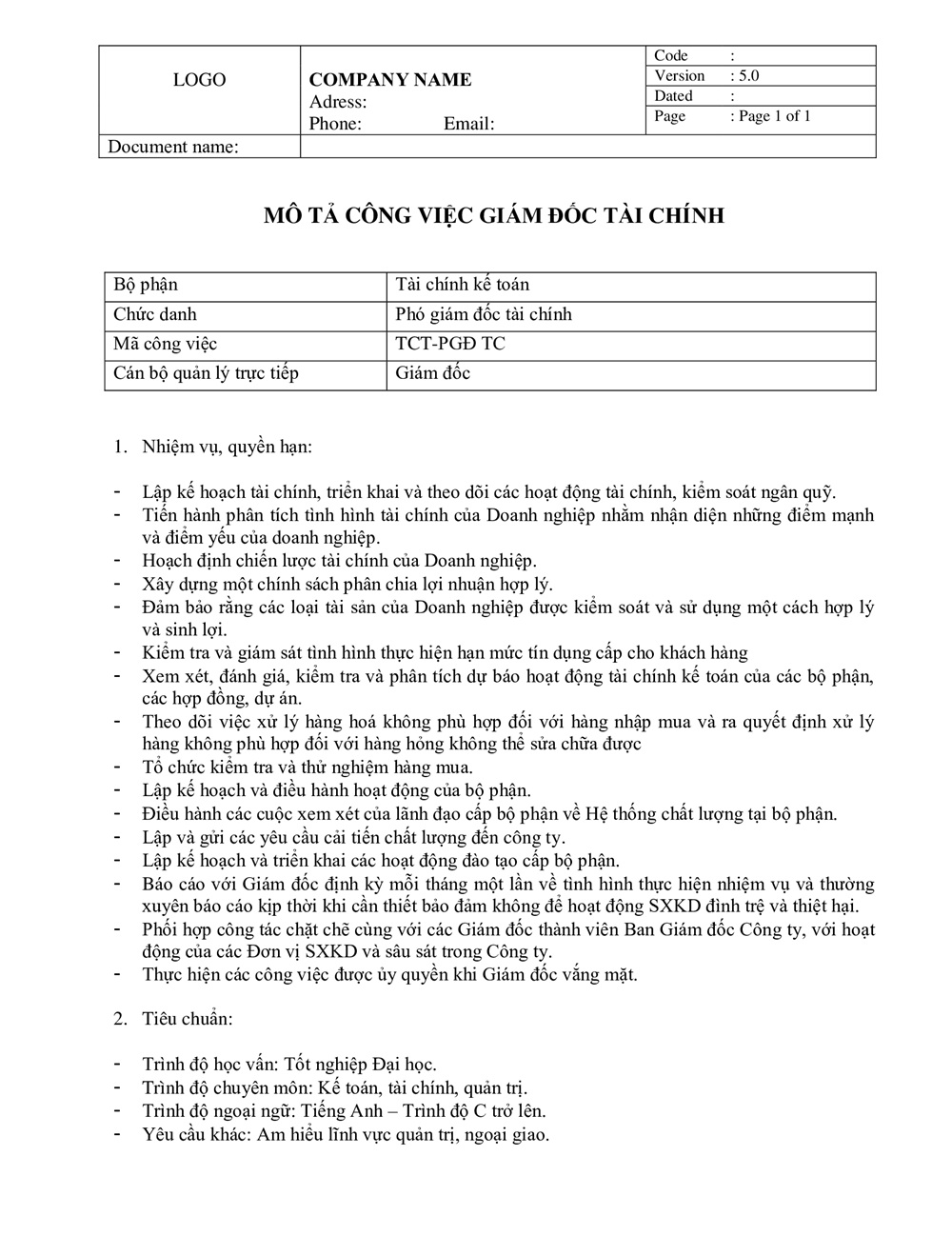 Mô tả công việc giám đốc tài chính