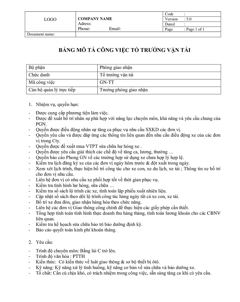 Mô tả công việc tổ trưởng vận tải