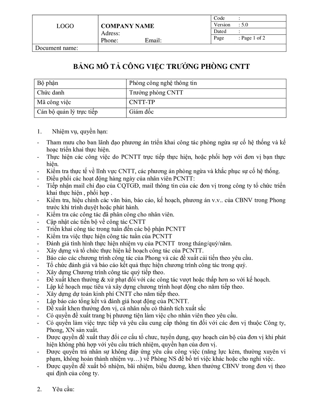 Mô tả công việc trường phòng IT