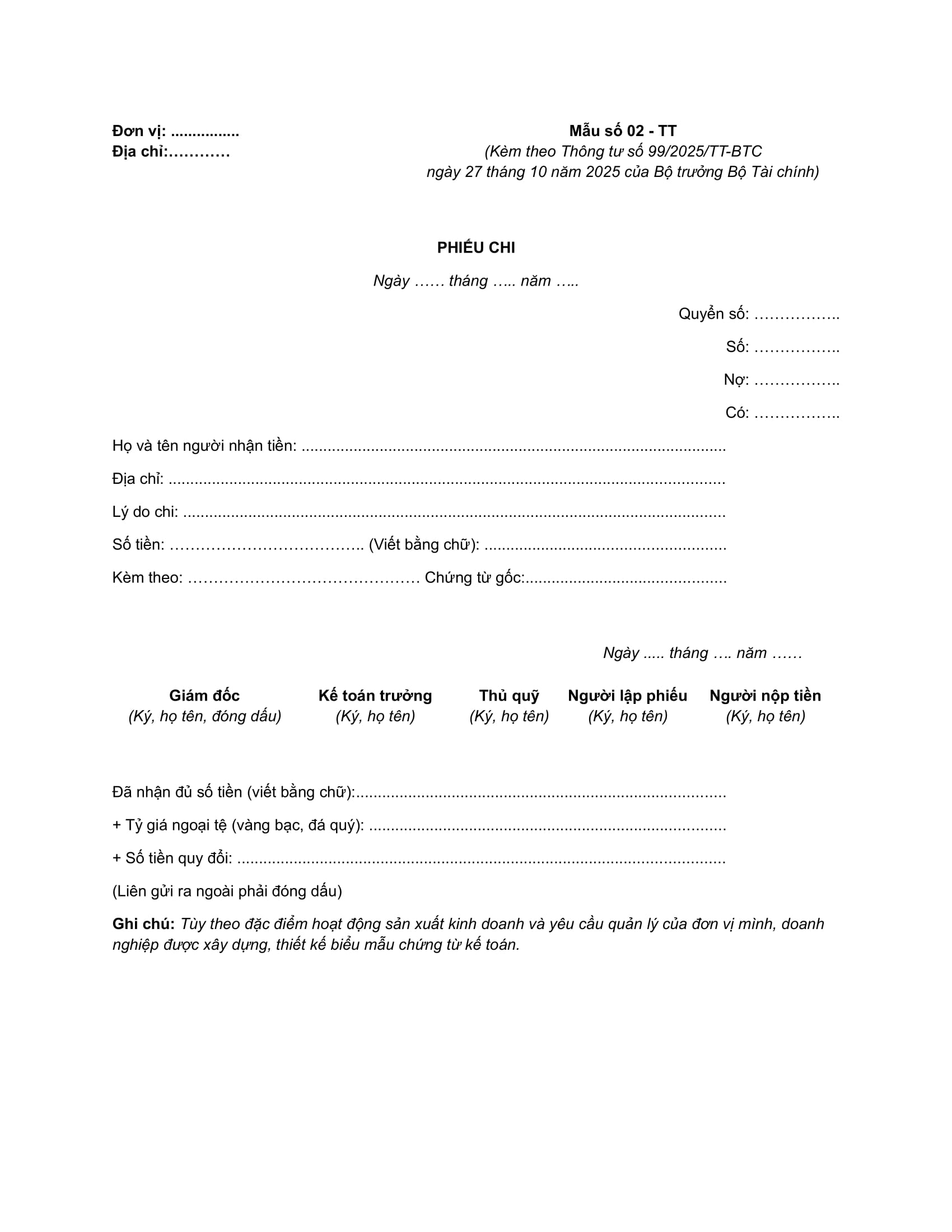 Mẫu phiếu chi TT99