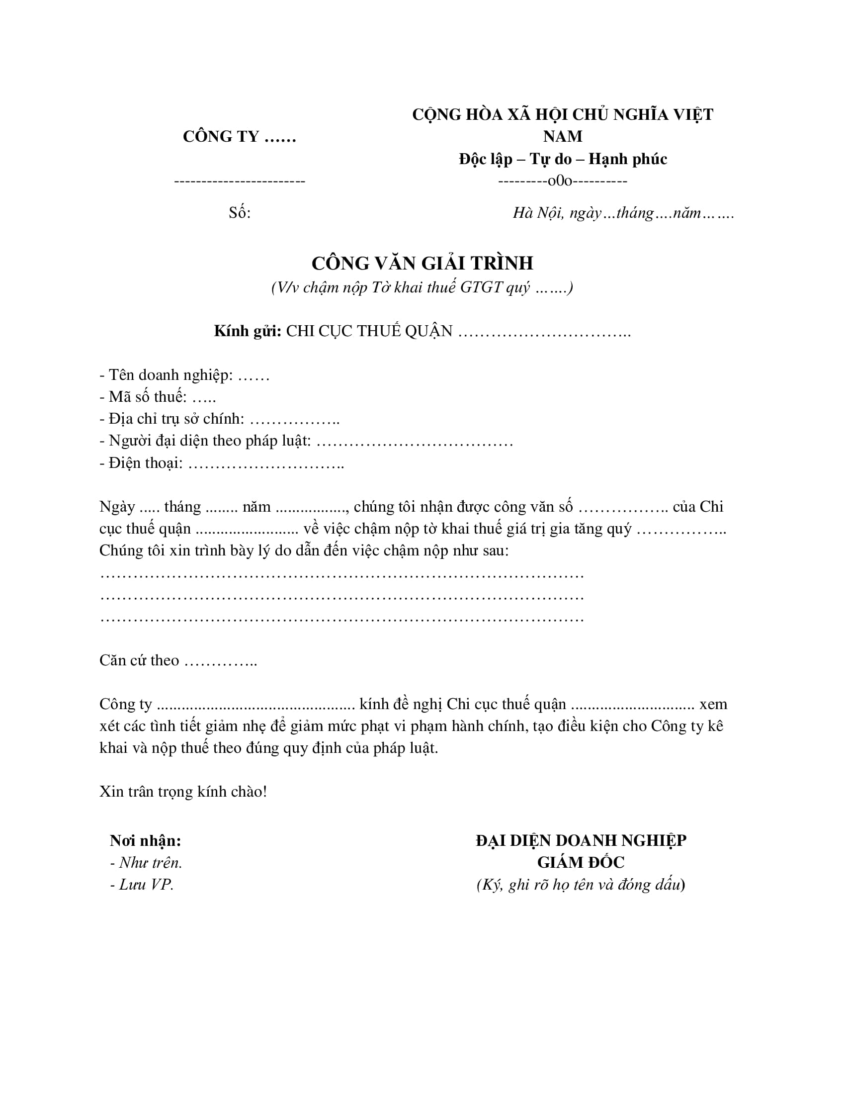 Mẫu công văn giải trình về việc chậm nộp thuế