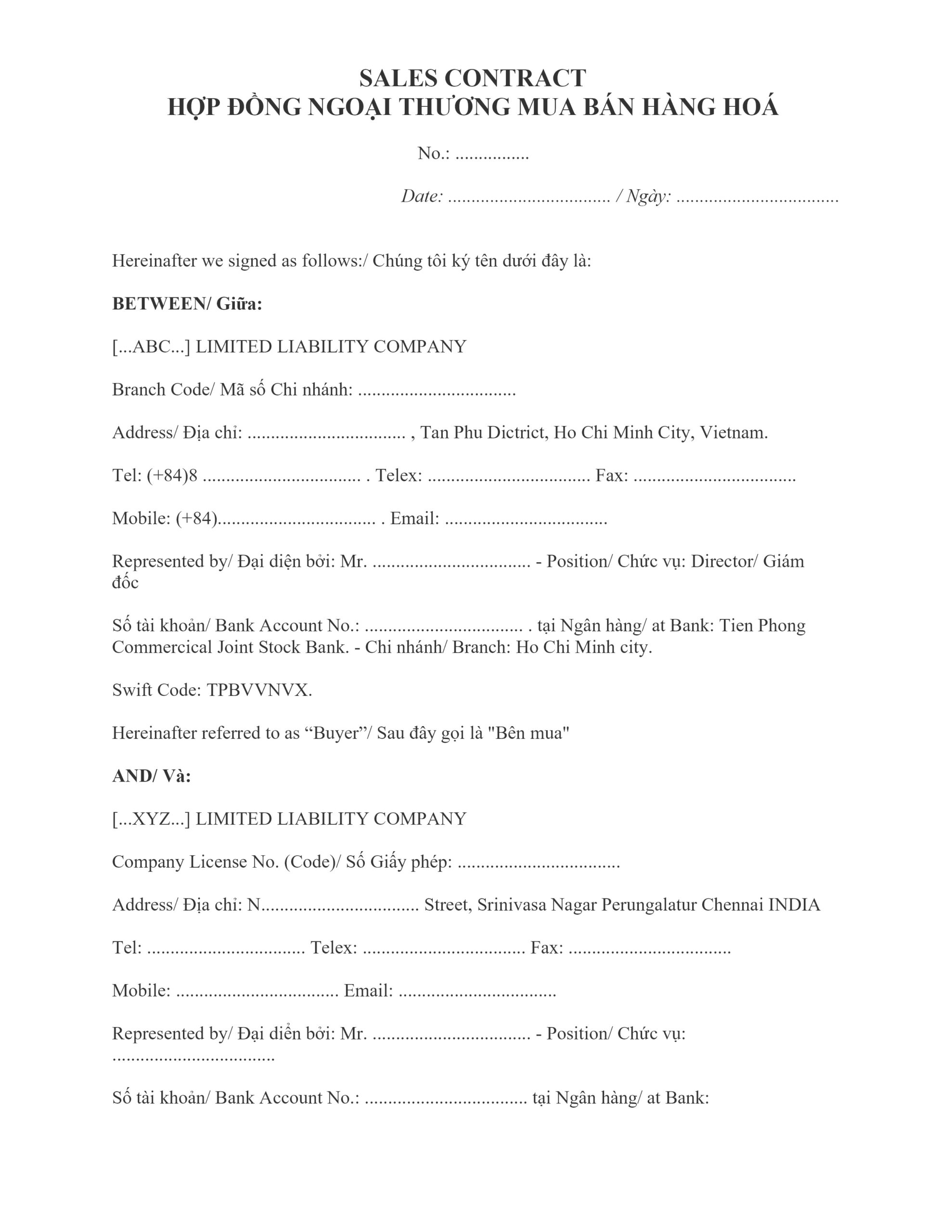 Mẫu hợp đồng ngoại thương song ngữ Việt – Anh