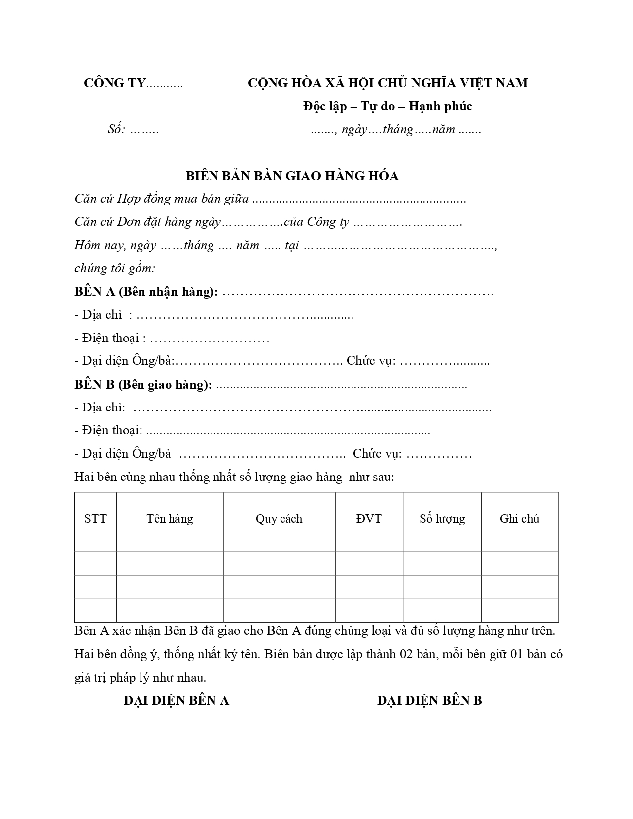 Mẫu biên bản giao nhận hàng hóa
