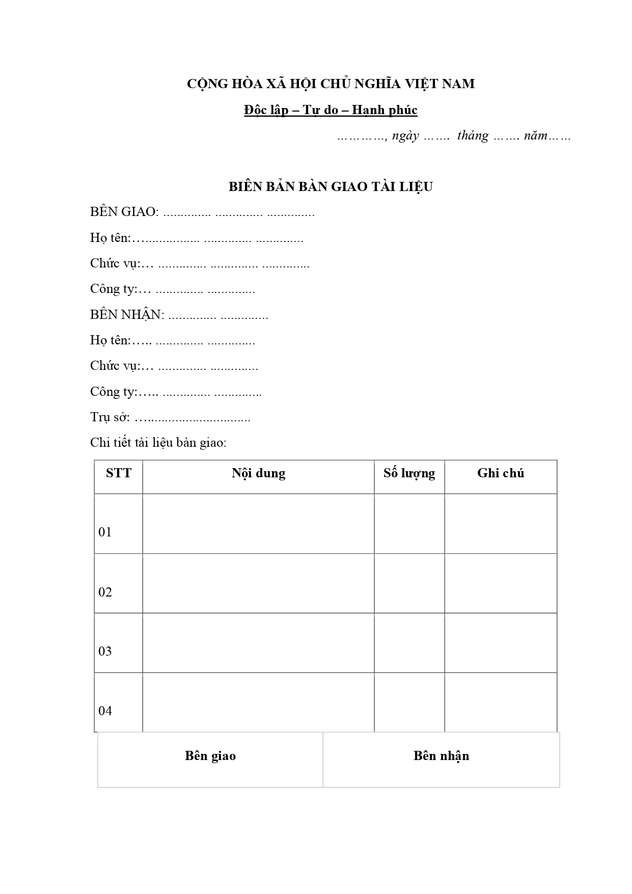 Nội dung cần có trong biên bản giao nhận