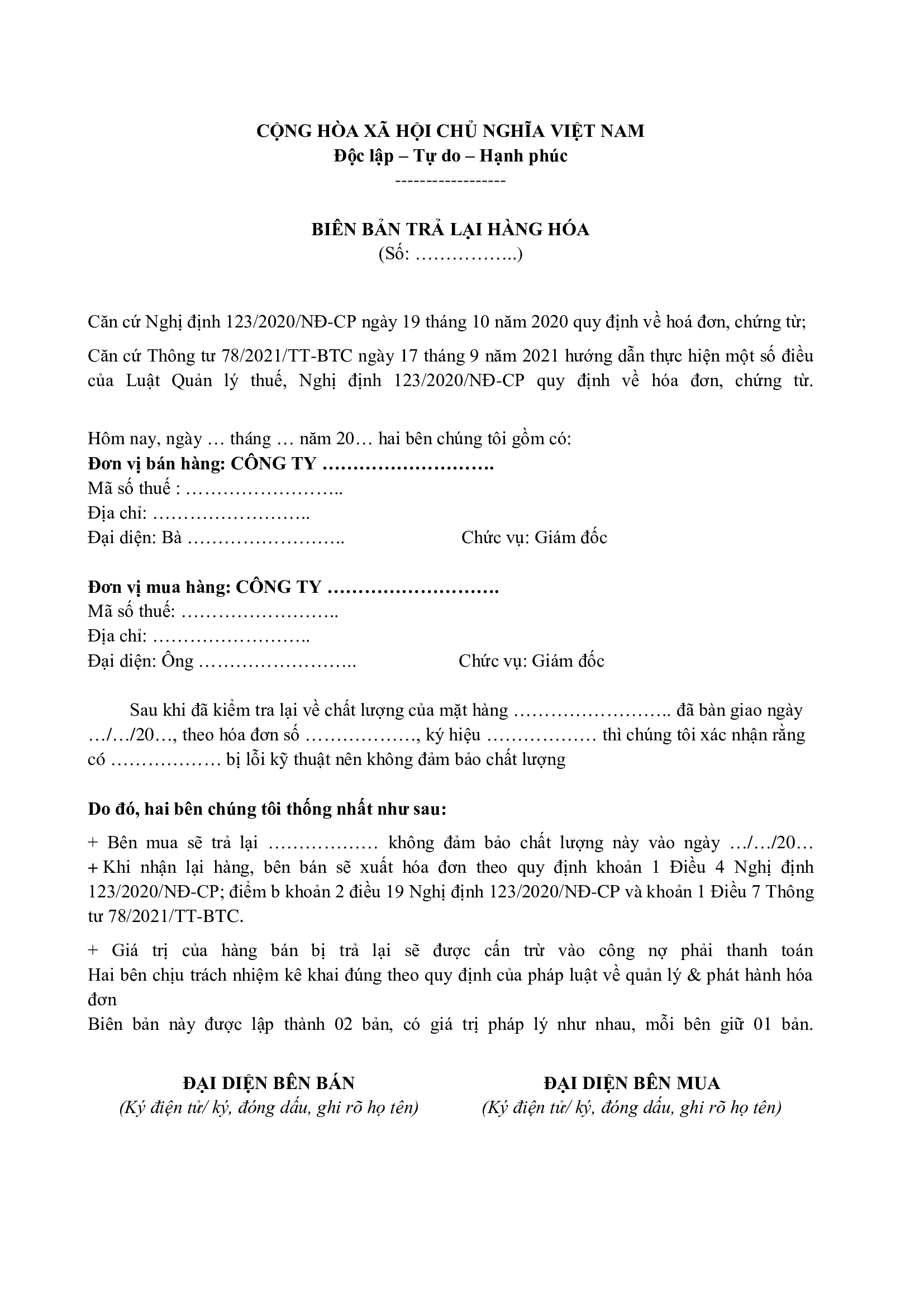 Mẫu biên bản trả hàng khi bên bán đã xuất hóa đơn