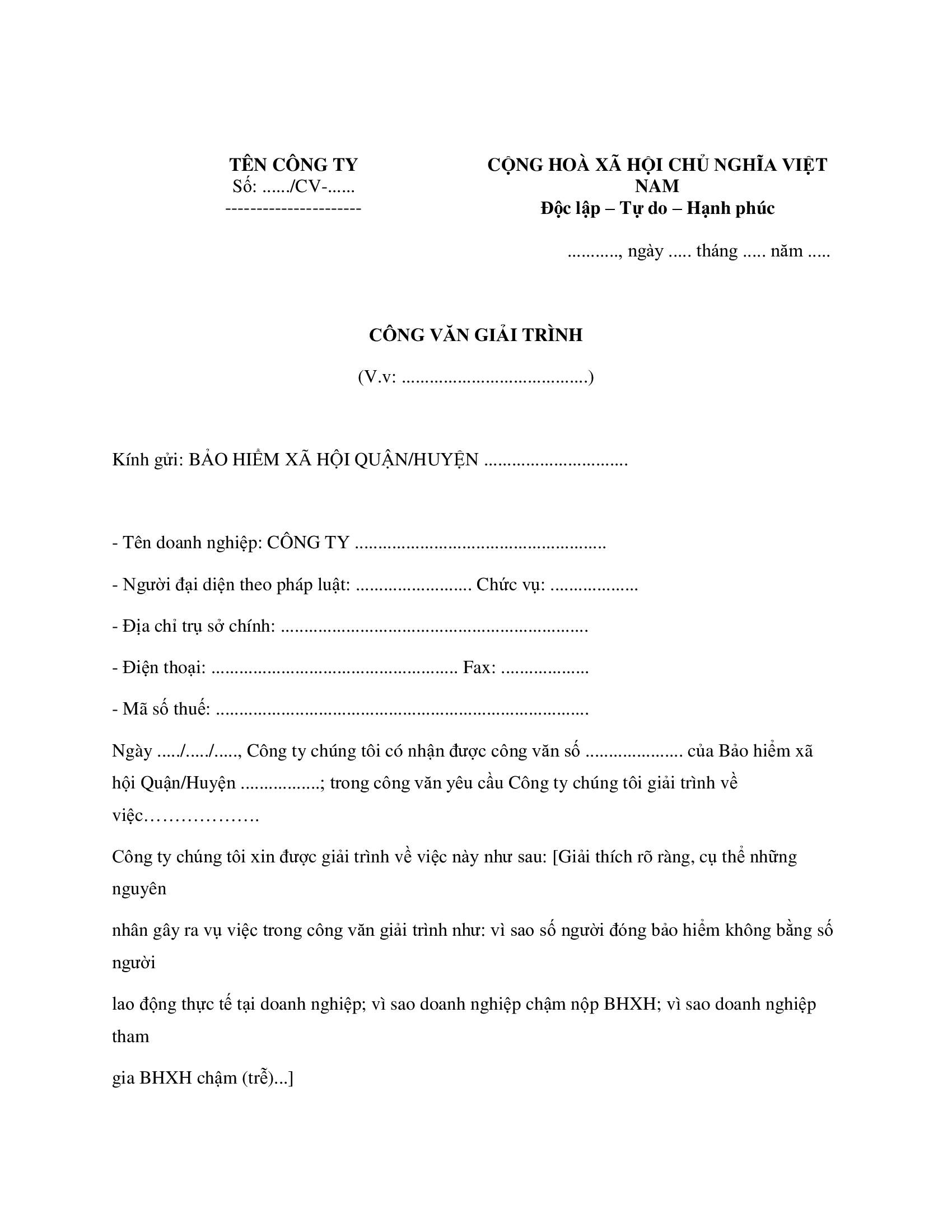 Mẫu Công văn giải trình Bảo hiểm xã hội