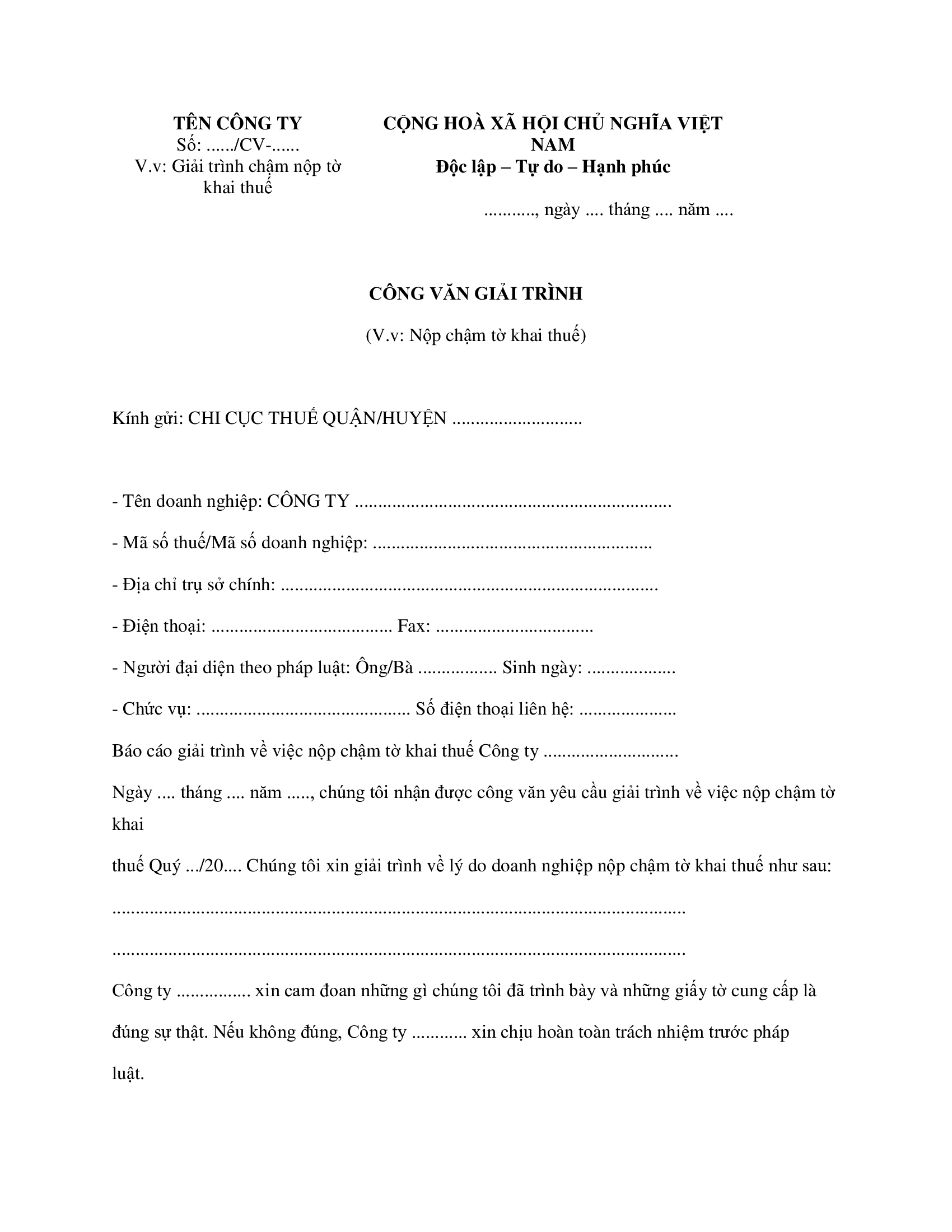 Mẫu Công văn giải trình chậm nộp tờ khai thuế