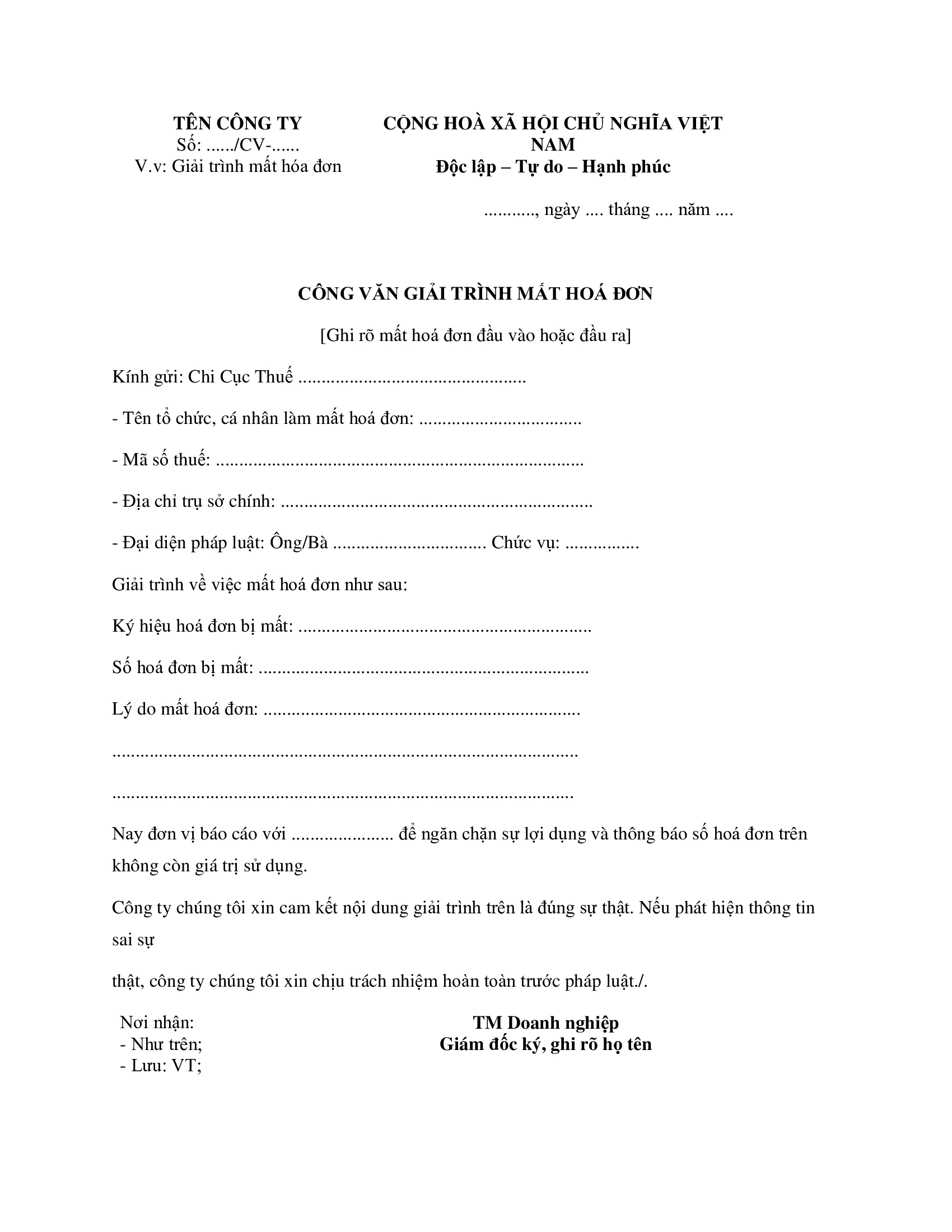 Mẫu Công văn giải trình làm mất hóa đơn