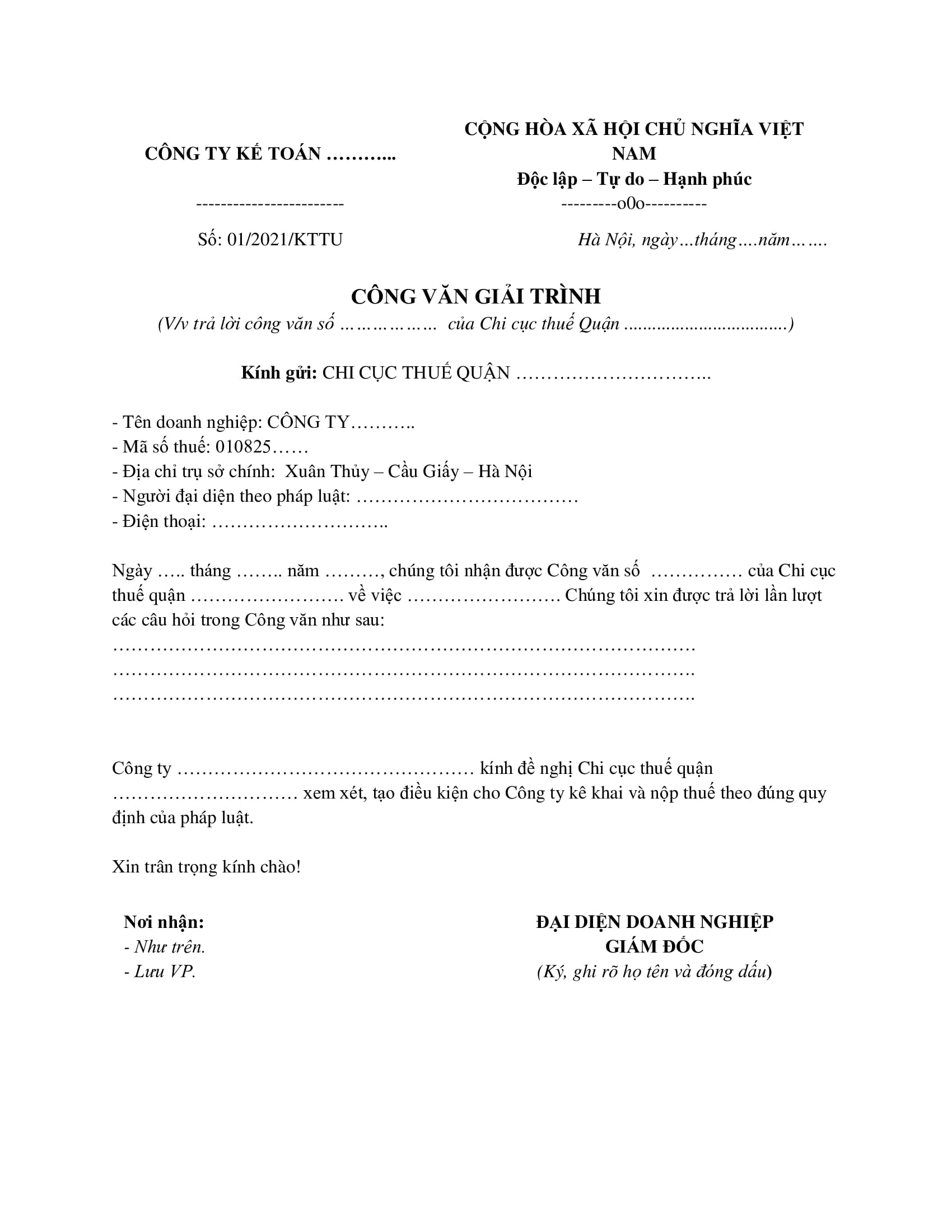 Mẫu công văn giải trình thuế phổ biến