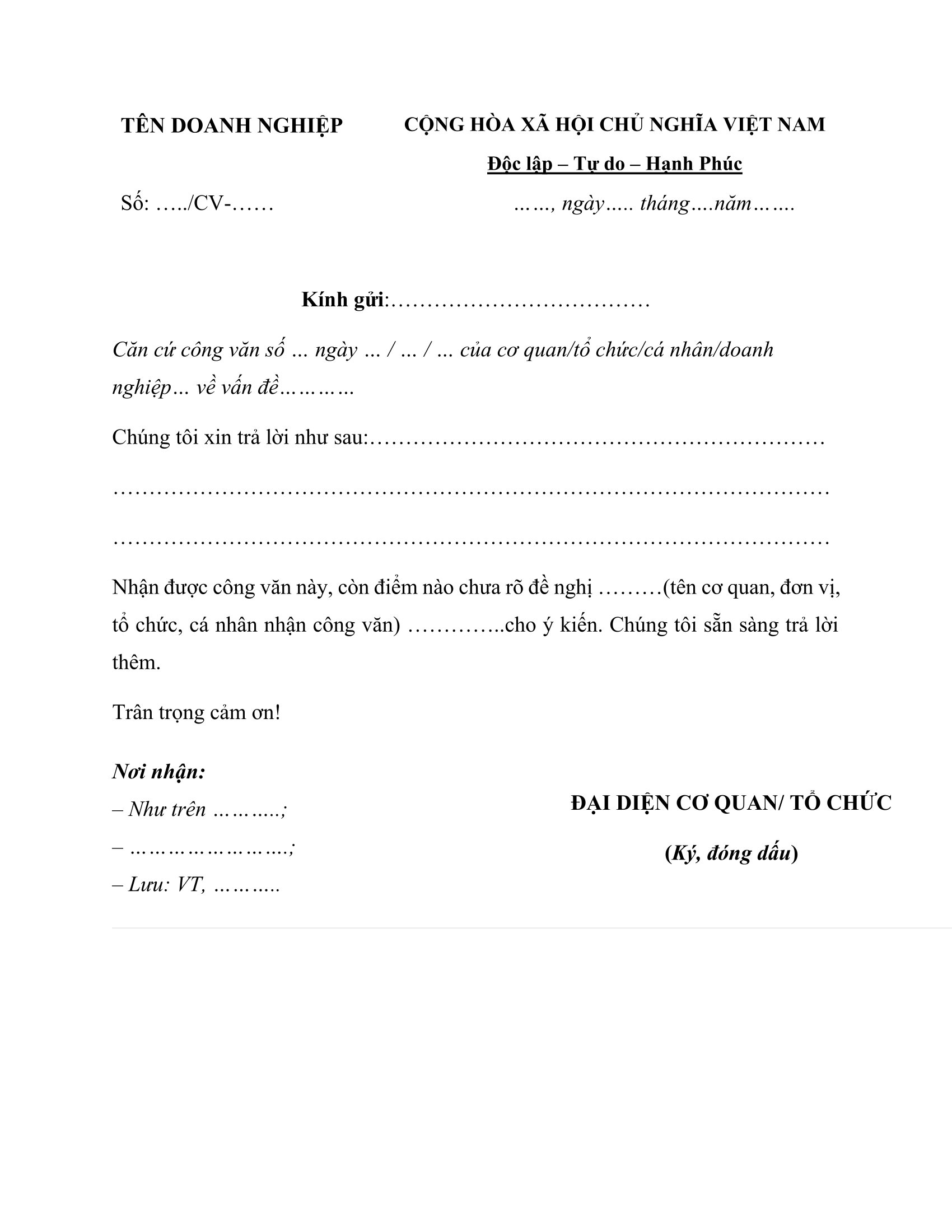 Mãu công văn phúc đáp mẫu 1