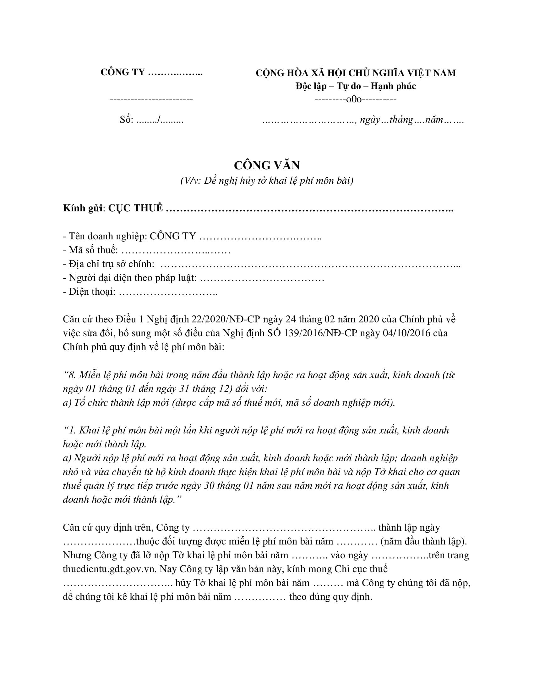Mẫu công văn xin hủy tờ khai lệ phí môn bài