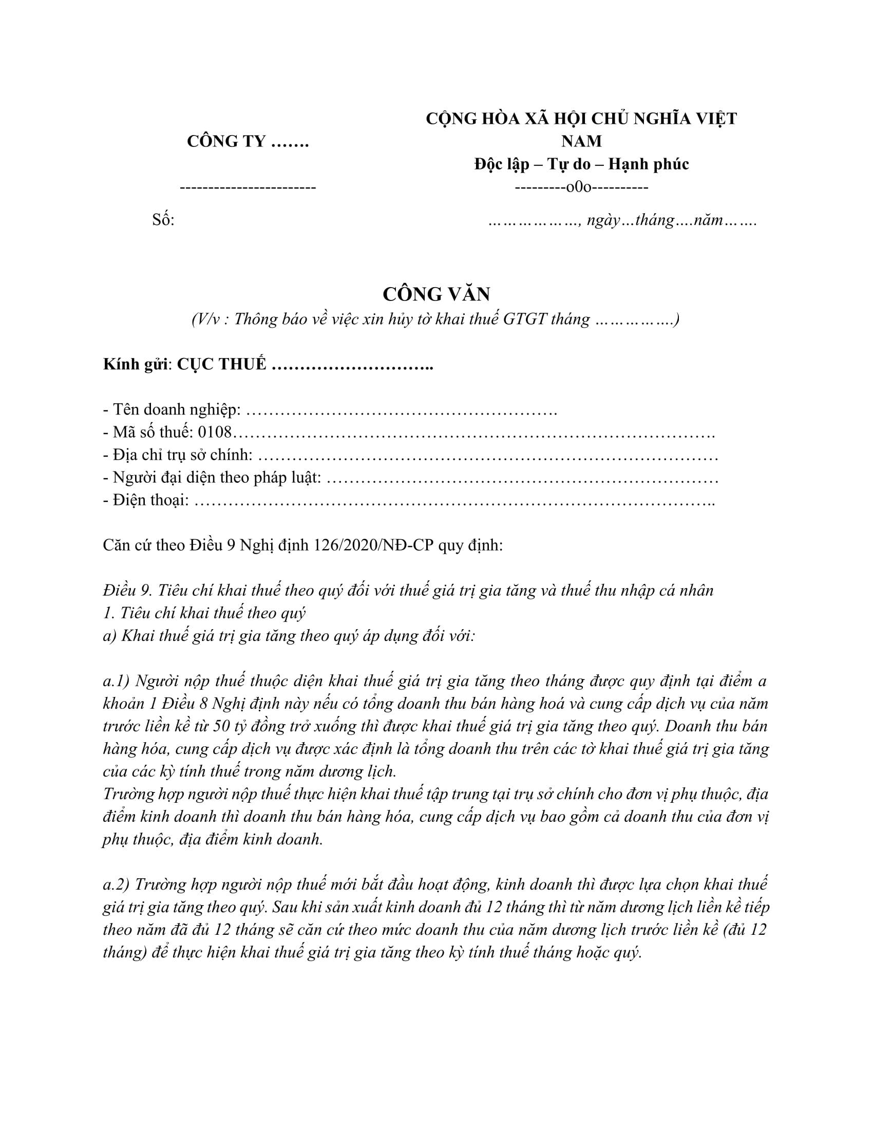 Mẫu công văn xin hủy tờ khai thuế GTGT