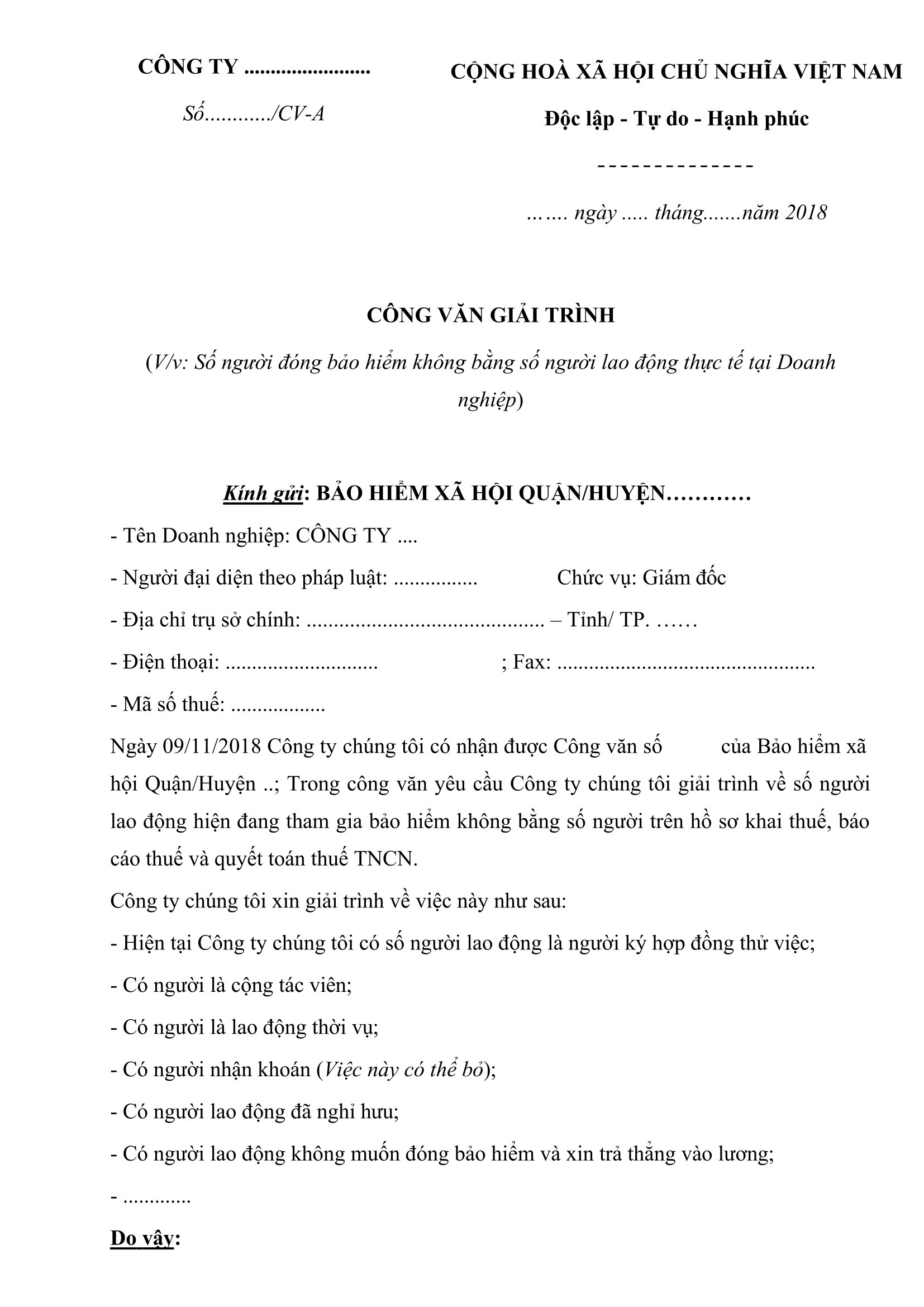 Mẫu công văn giải trình bảo hiểm