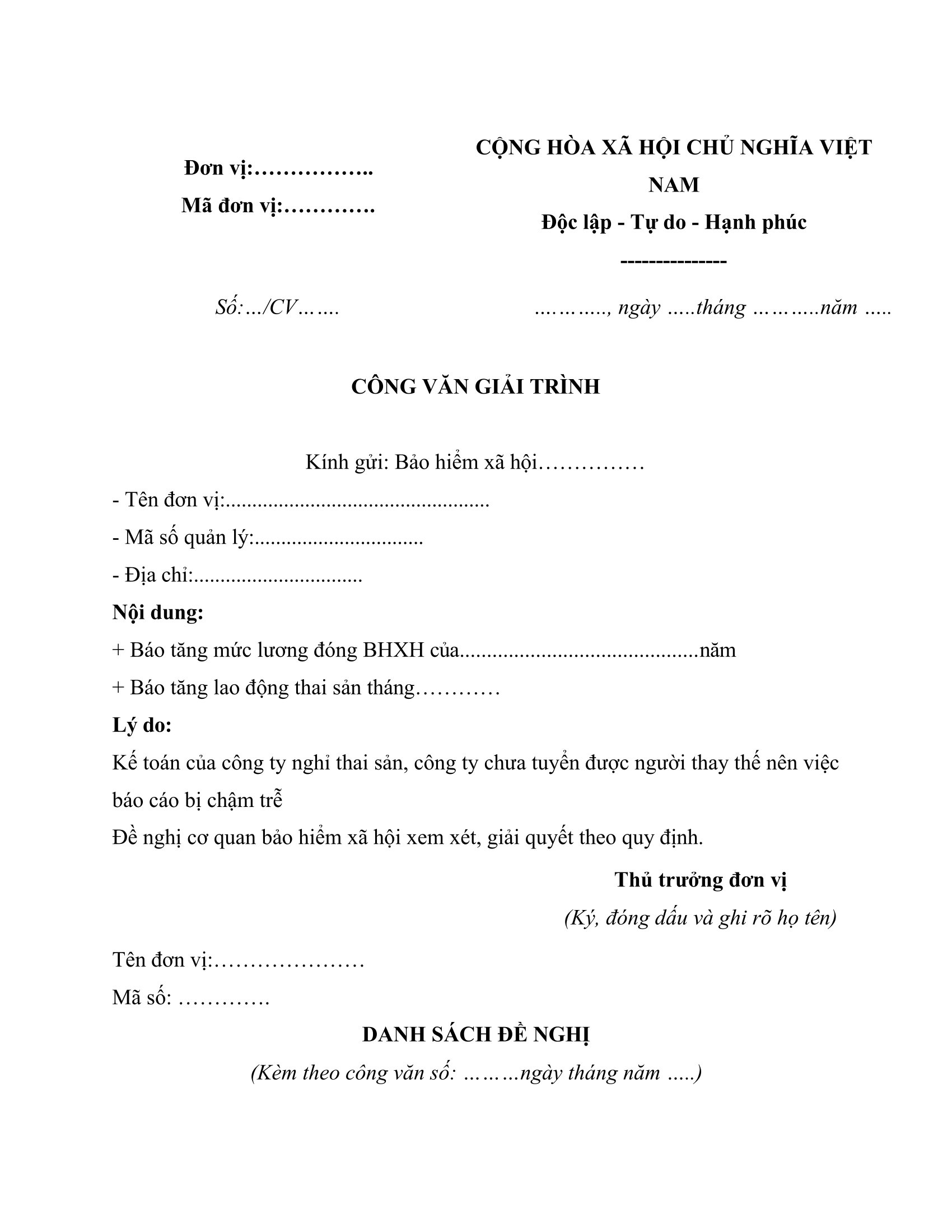 Mẫu công văn giải trình nộp trễ bảo hiểm xã hội