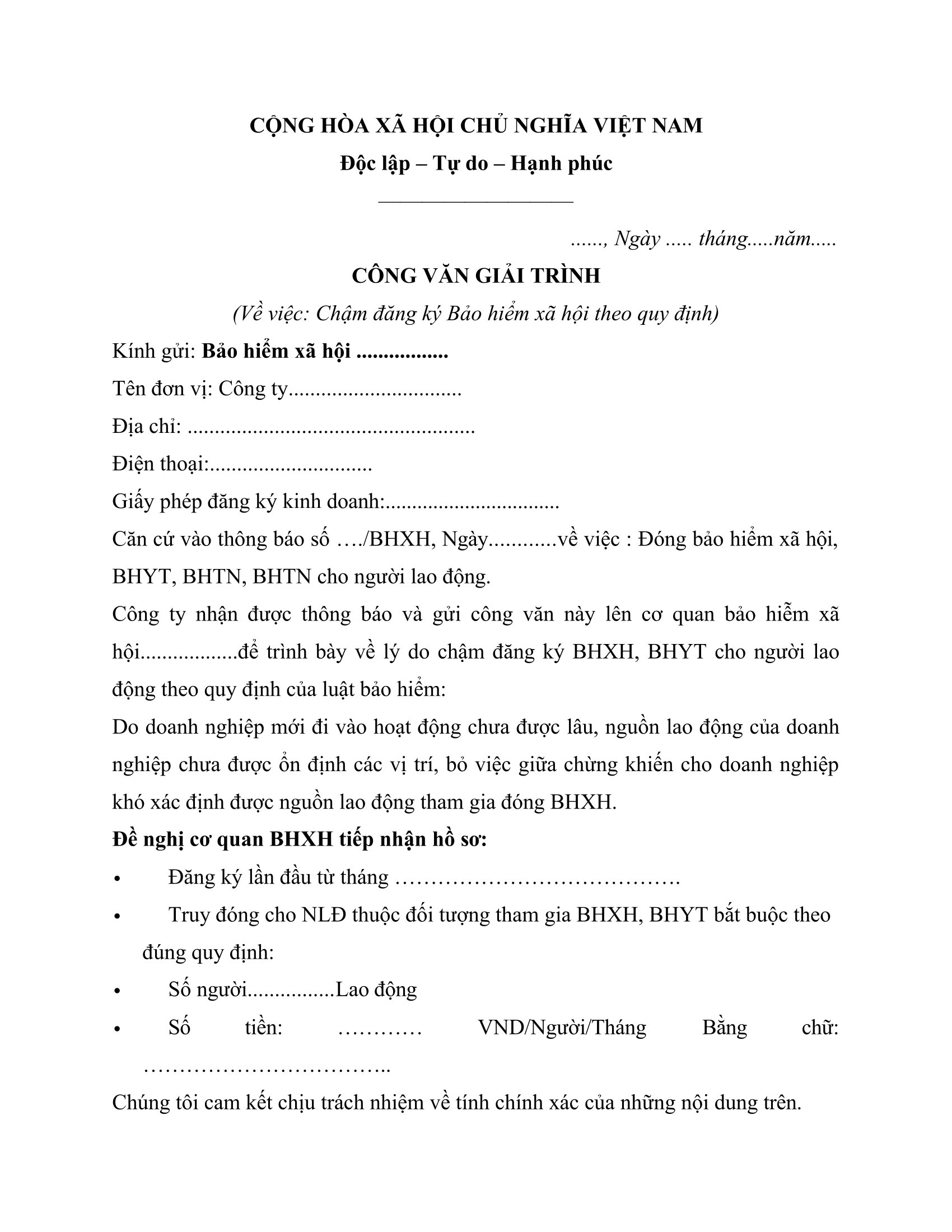 Mẫu công văn giải trình tham gia BHXH trễ