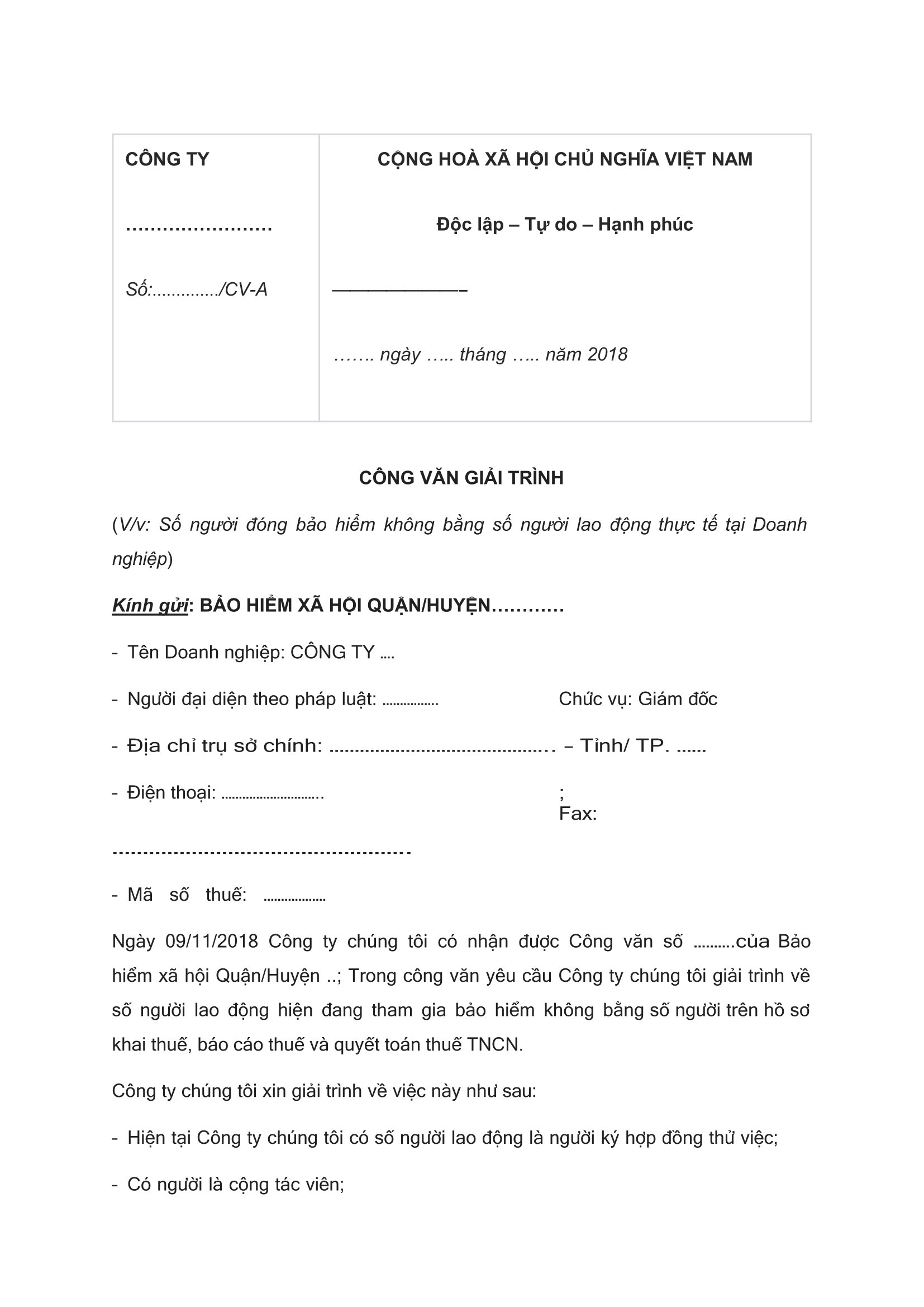 Mẫu công văn giải trình trốn đóng BHXH