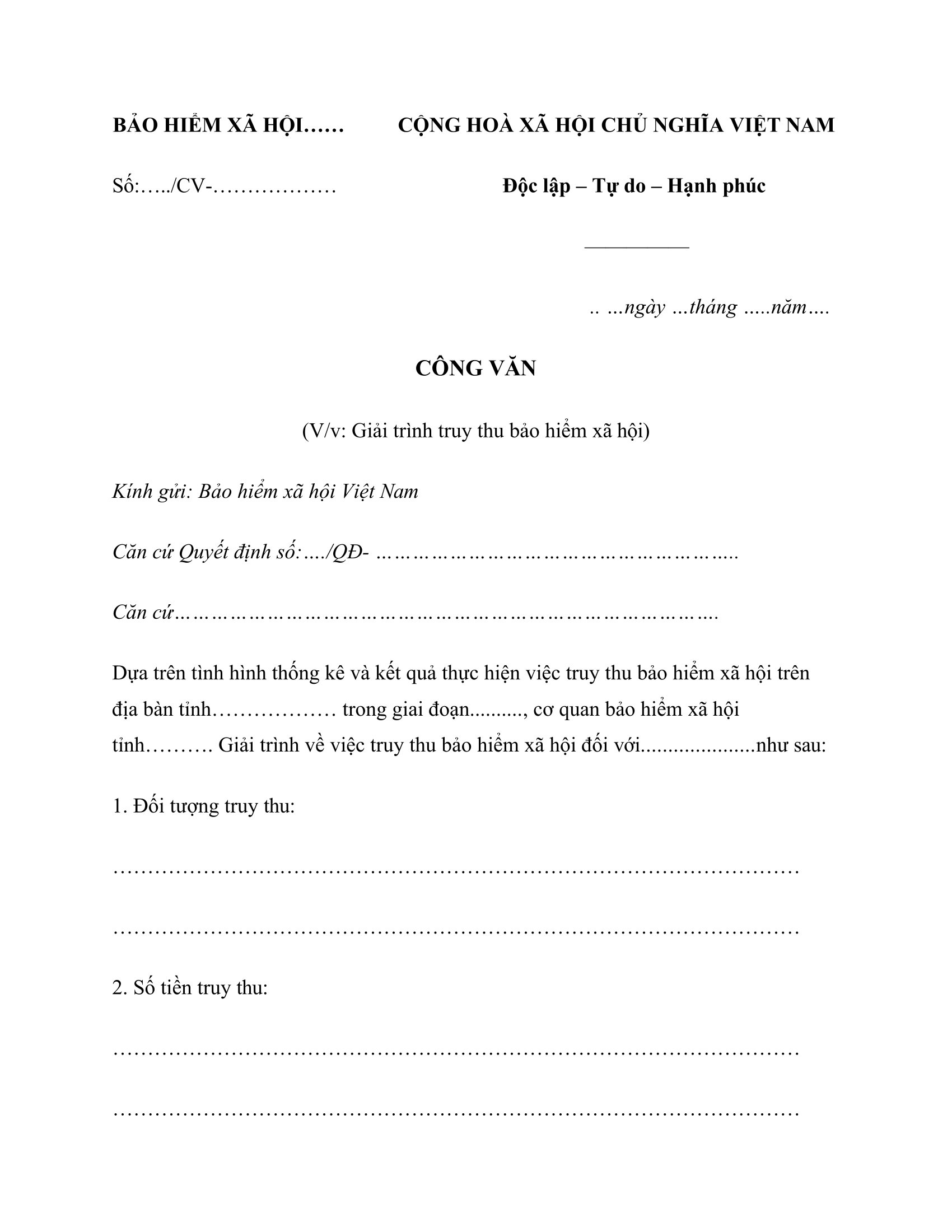Mẫu công văn giải trình truy thu bảo hiểm xã hội