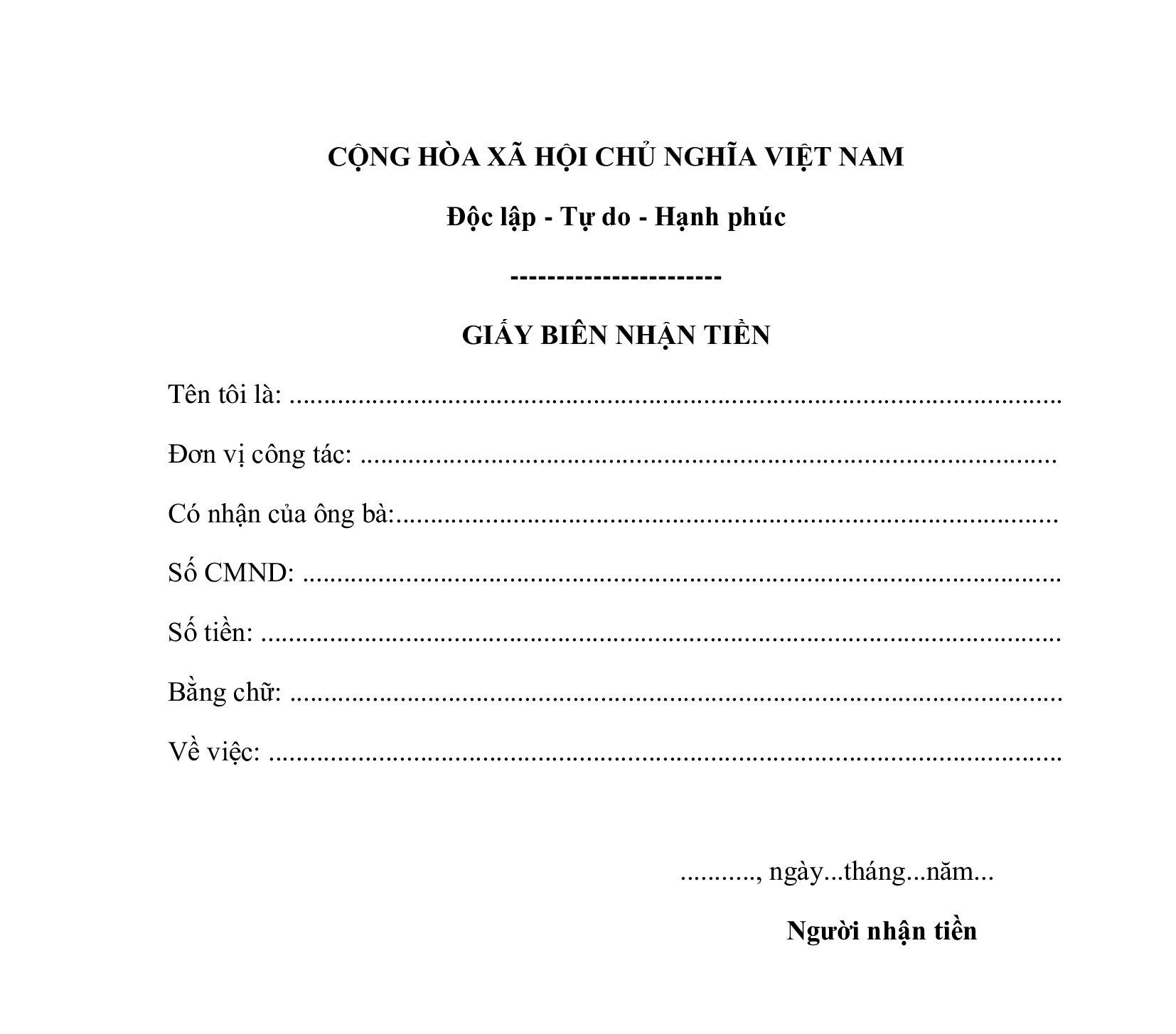 Mẫu biên bản giao nhận tiền