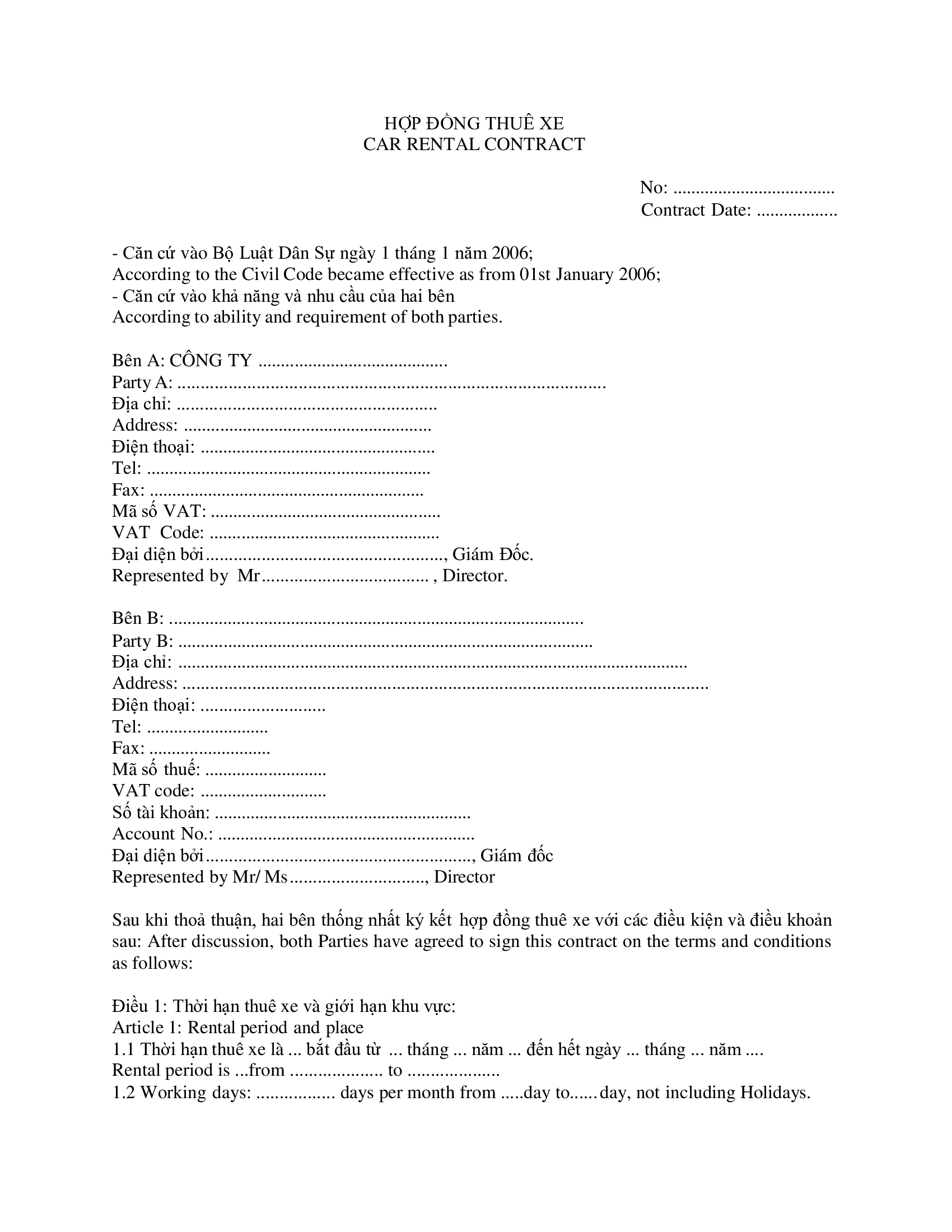 Mẫu hợp đồng thuê xe