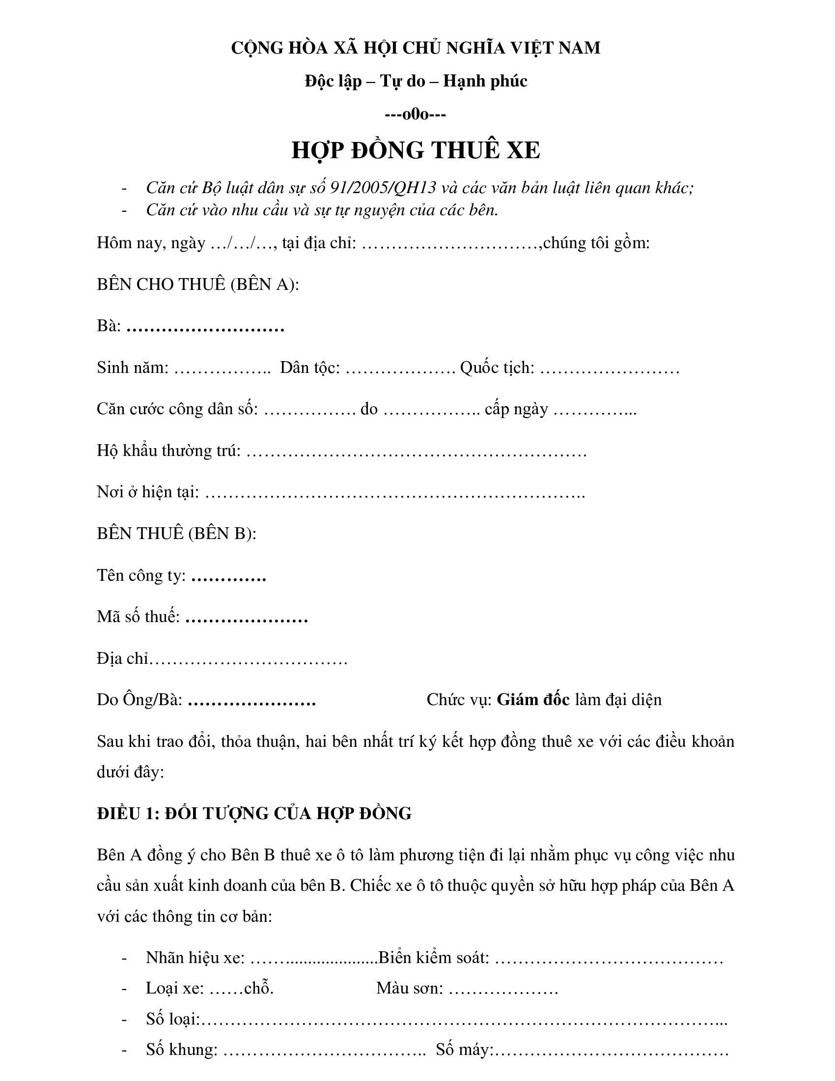 Mẫu hợp đồng thuê xe song ngữ