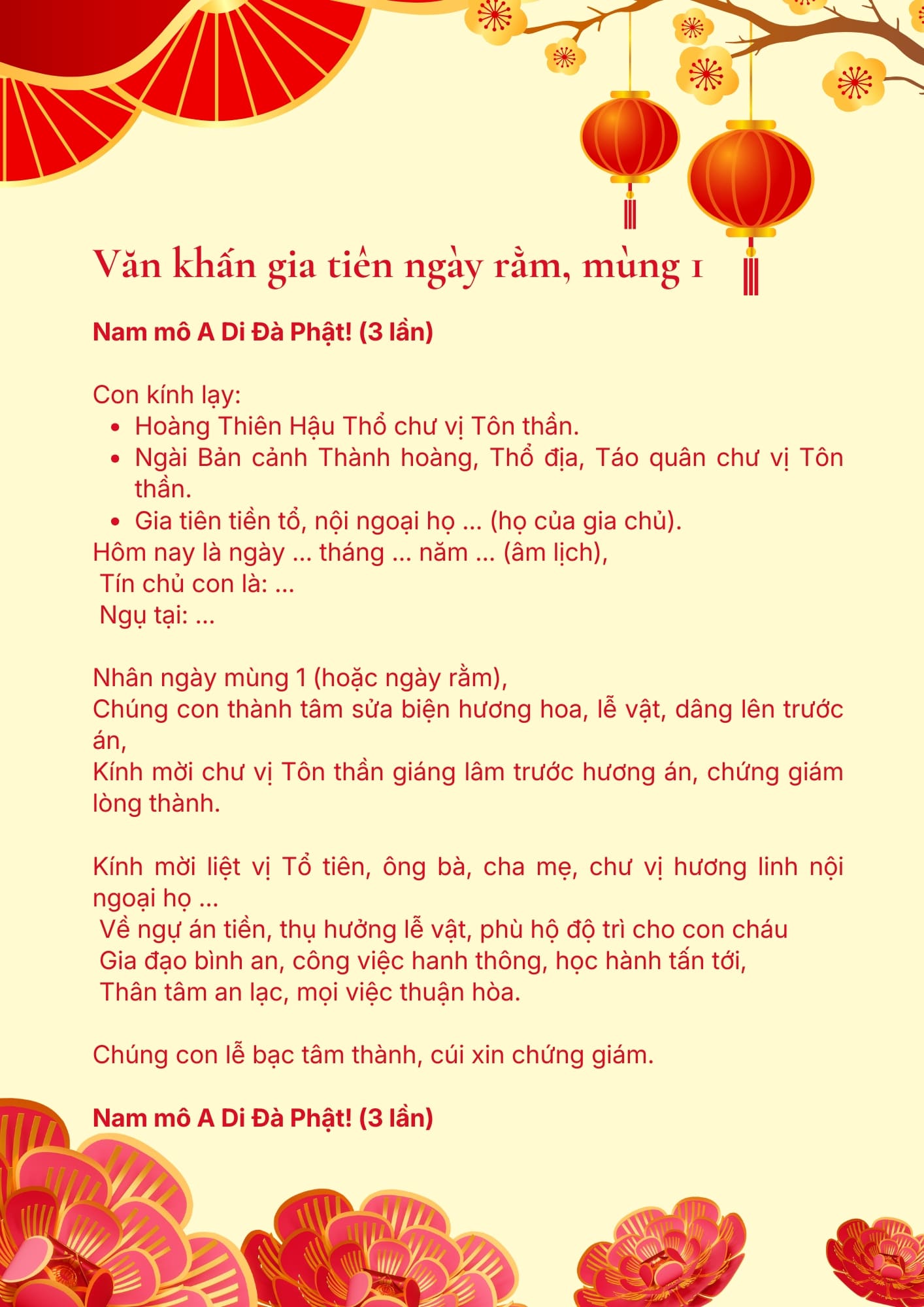Văn khấn mùng 1
