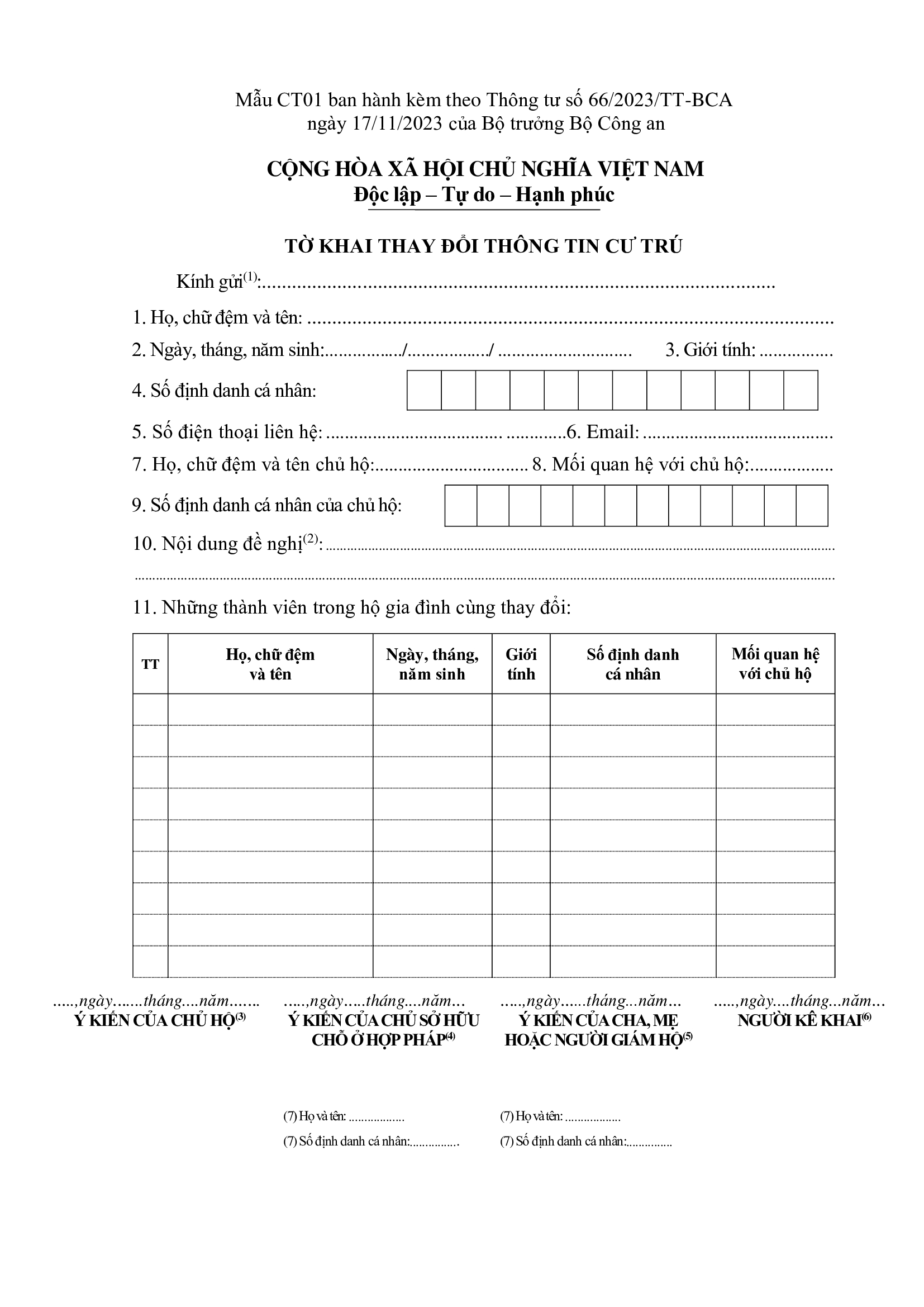 Mẫu CT01 tờ khai thay đổi thông tin cư trú mới