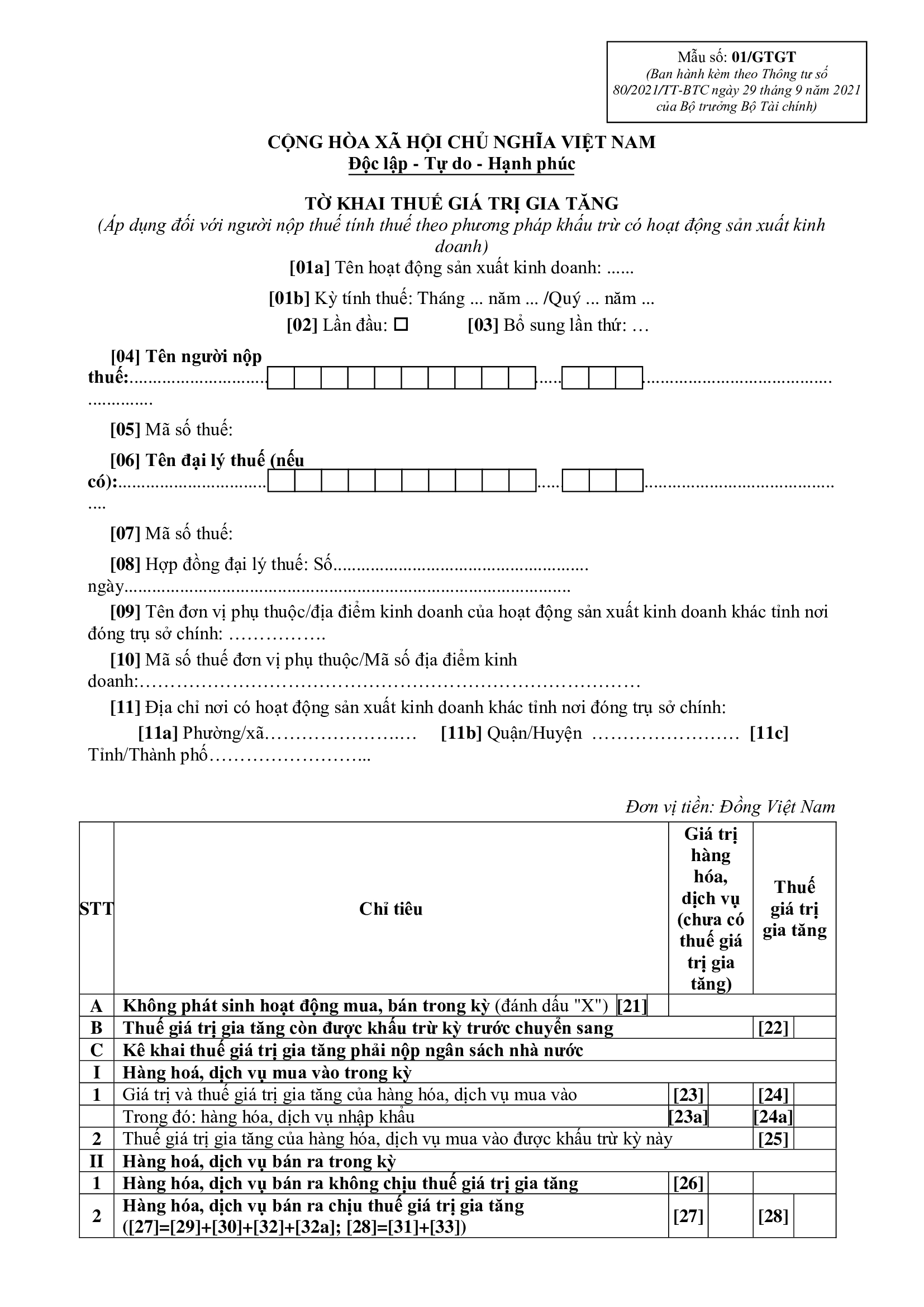 Mẫu tờ khai thuế GTGT mới nhất