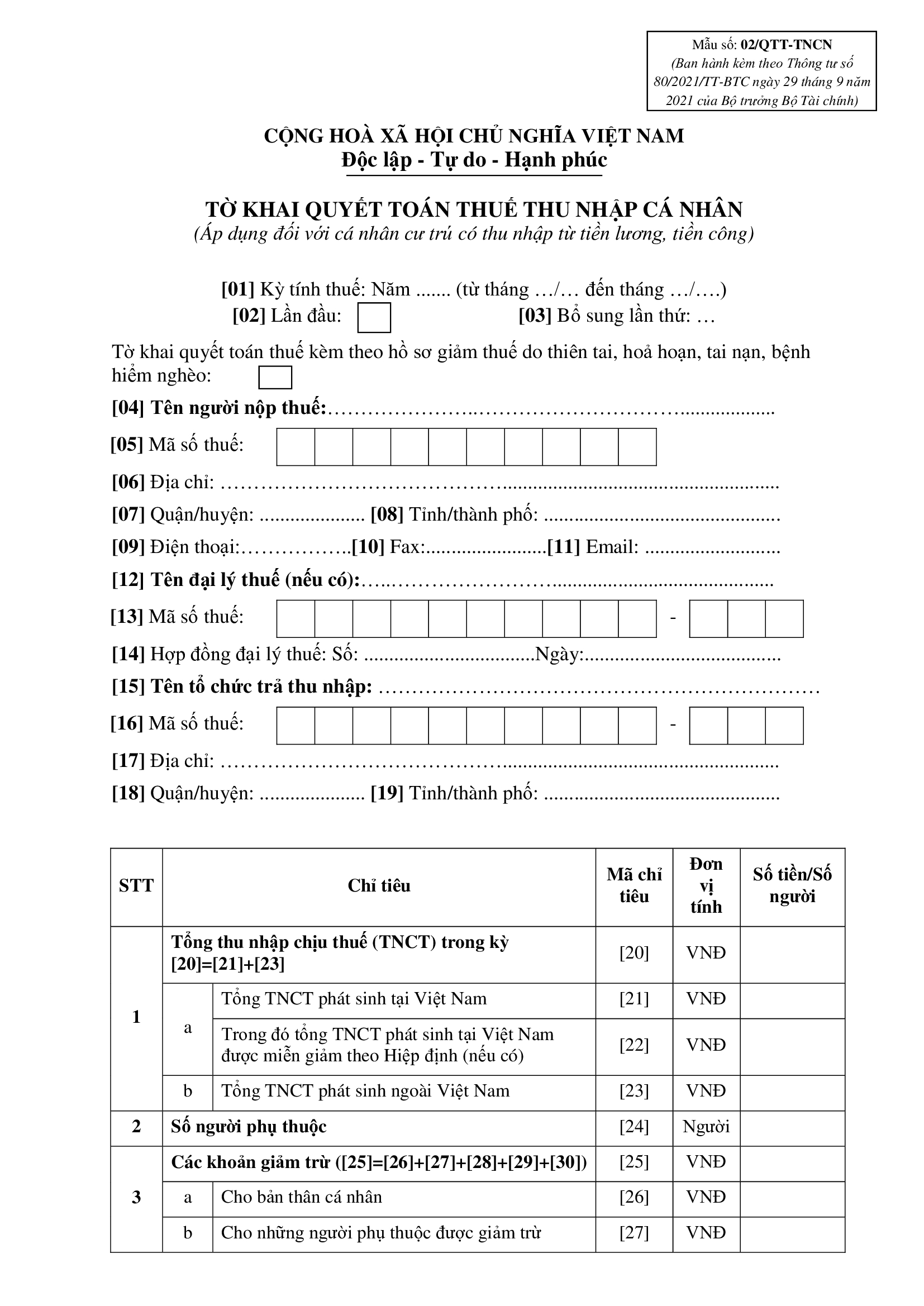 Mẫu tờ khai quyết toán thuế TNCN mới nhất