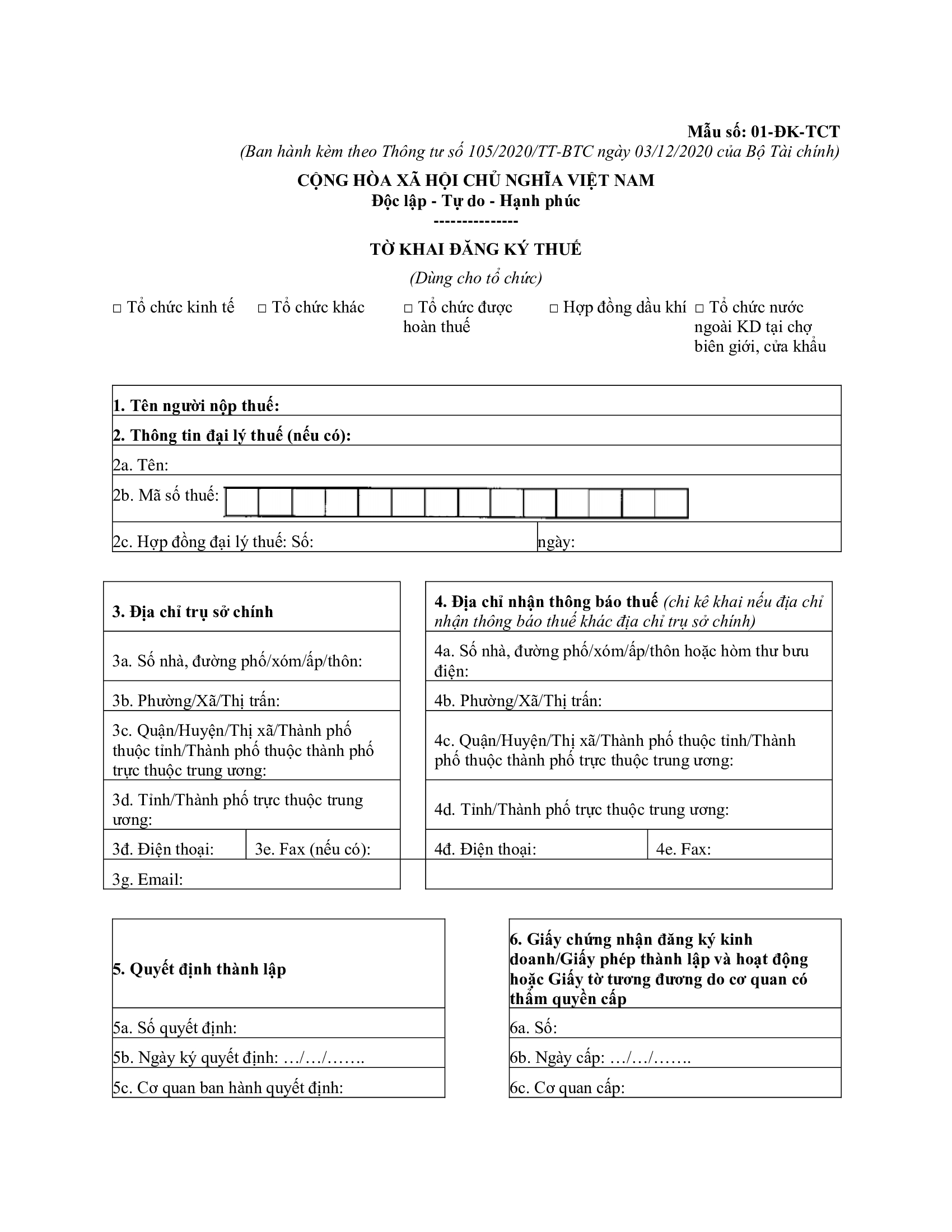 Mẫu 01-ĐK-TCT tờ khai đăng ký thuế