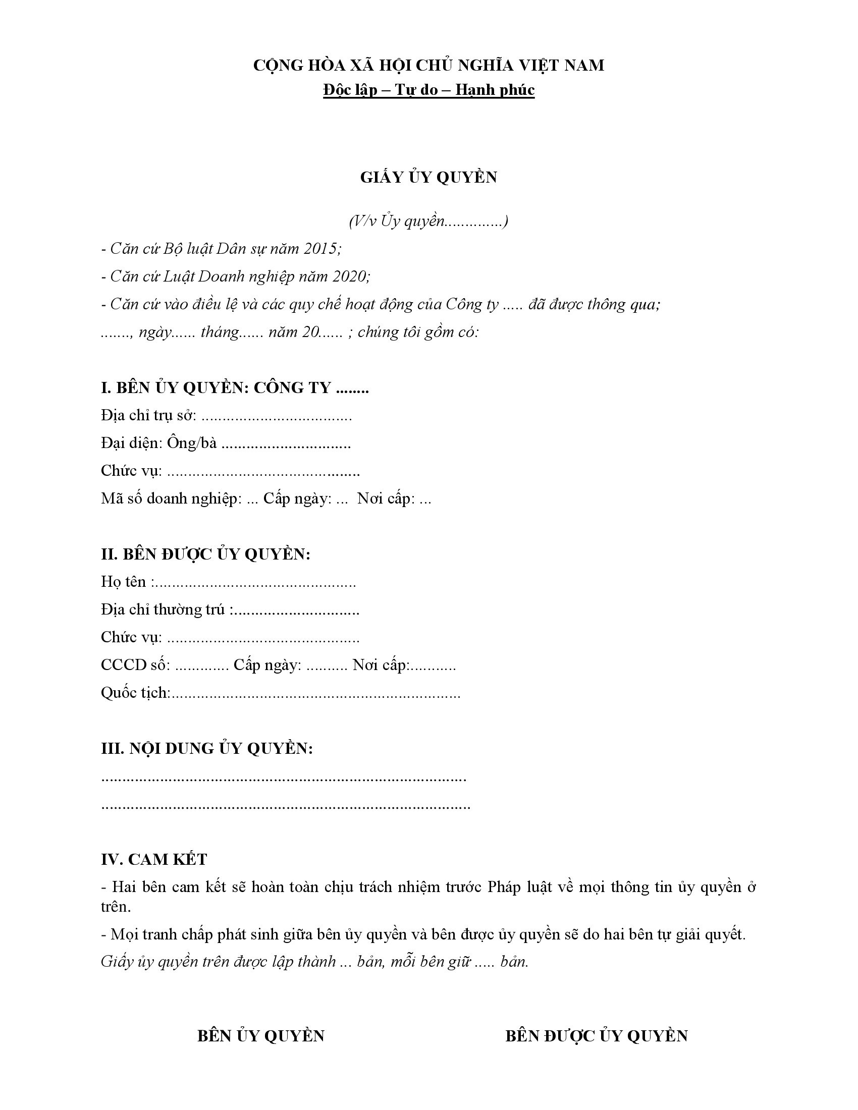 Mẫu giấy ủy quyền công ty, doanh nghiệp