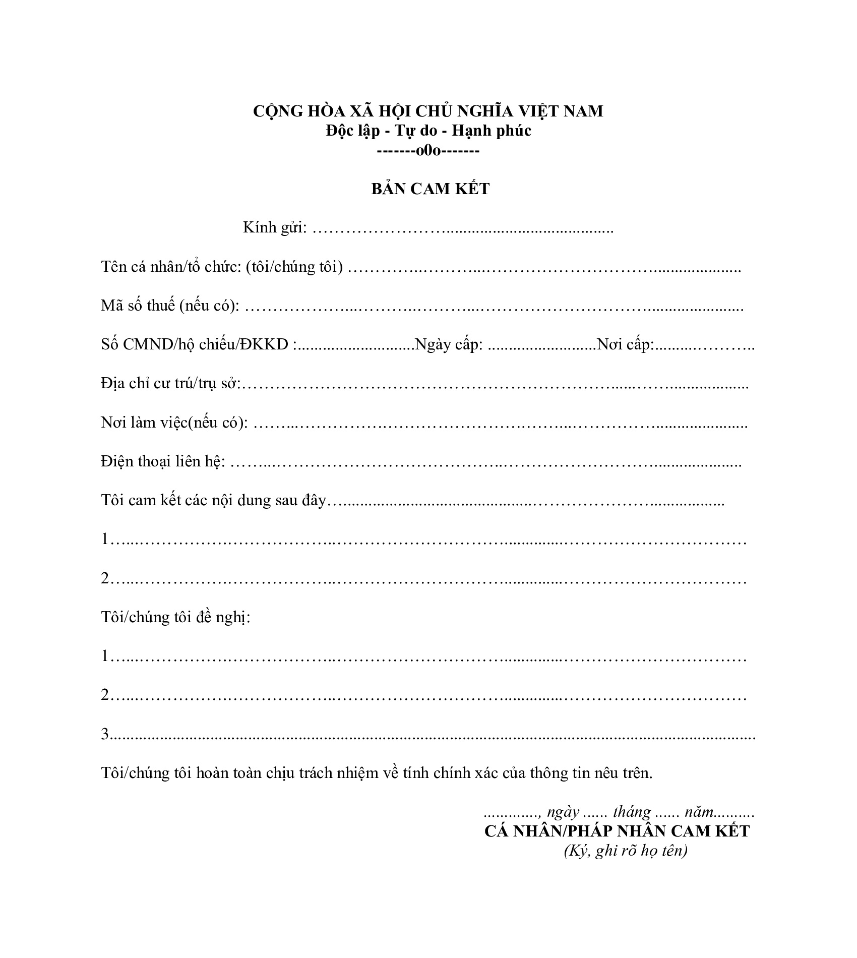 Mẫu bản cam kết làm việc tại công ty