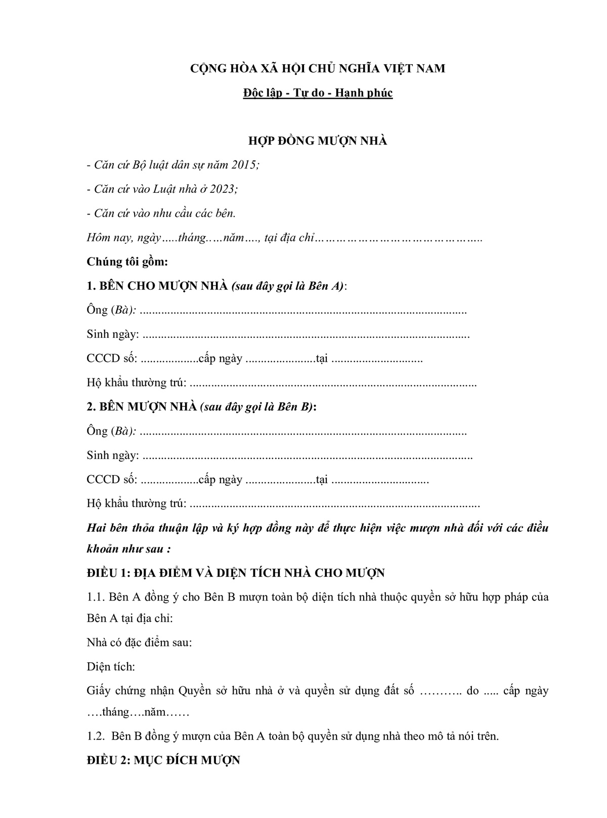 Nội dung trong hợp đồng mượn nhà