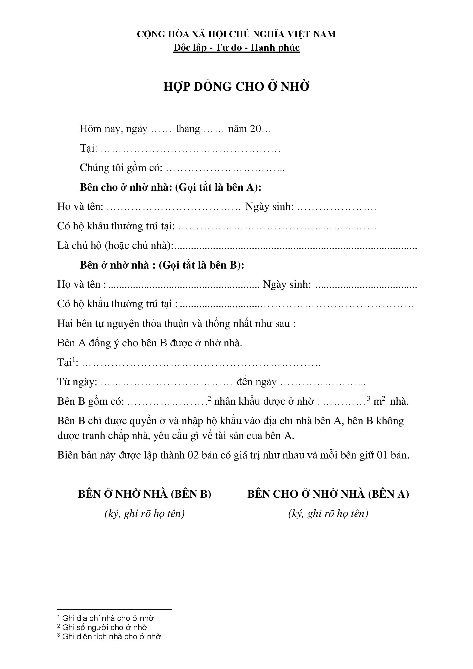 Mẫu hợp đồng cho ở nhờ theo quy định mới nhất