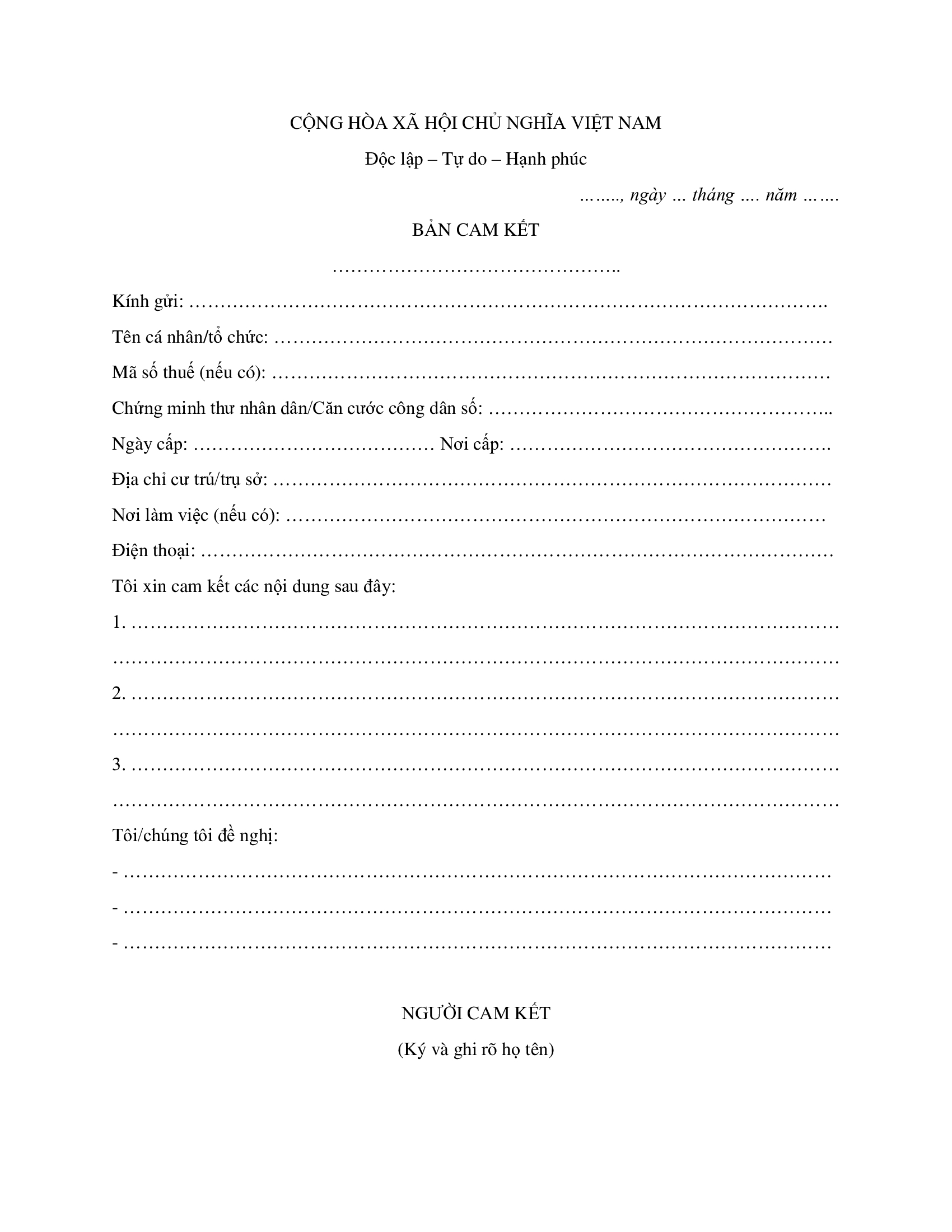 Mẫu bản cam kết chịu trách nhiệm