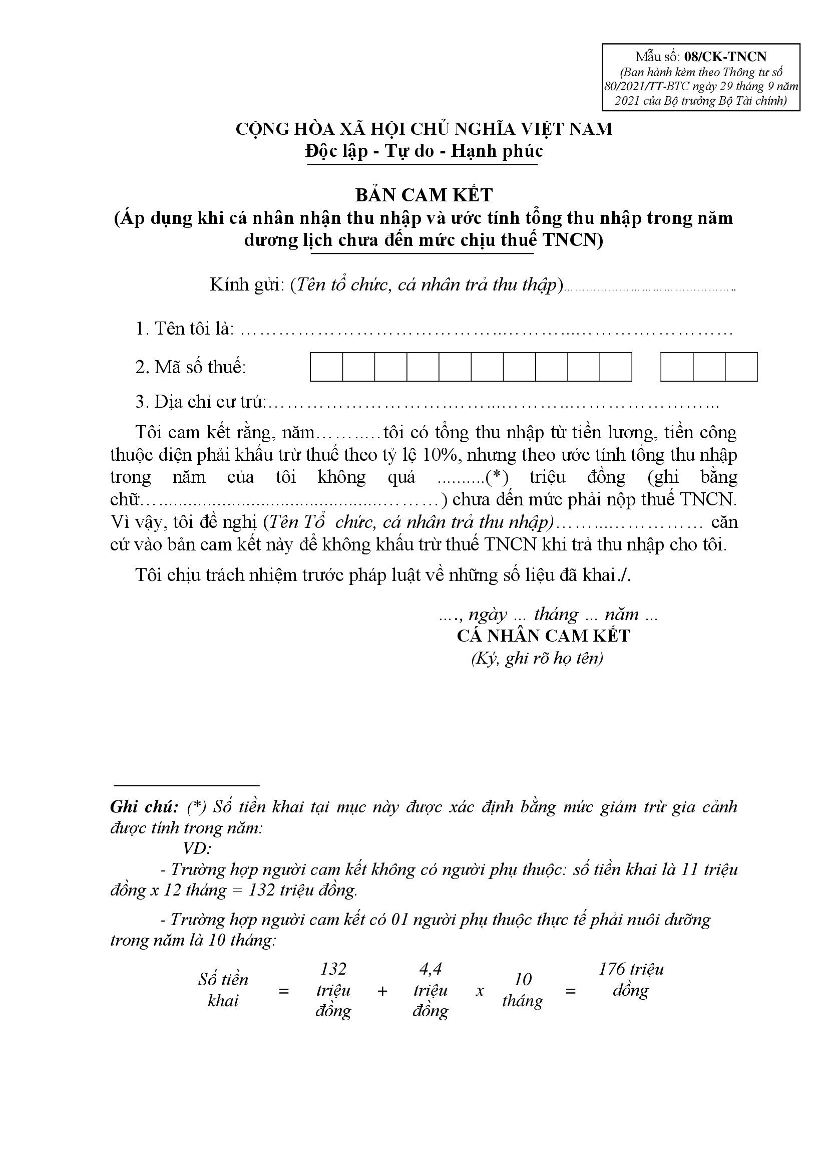 Mẫu bản cam kết thu nhập