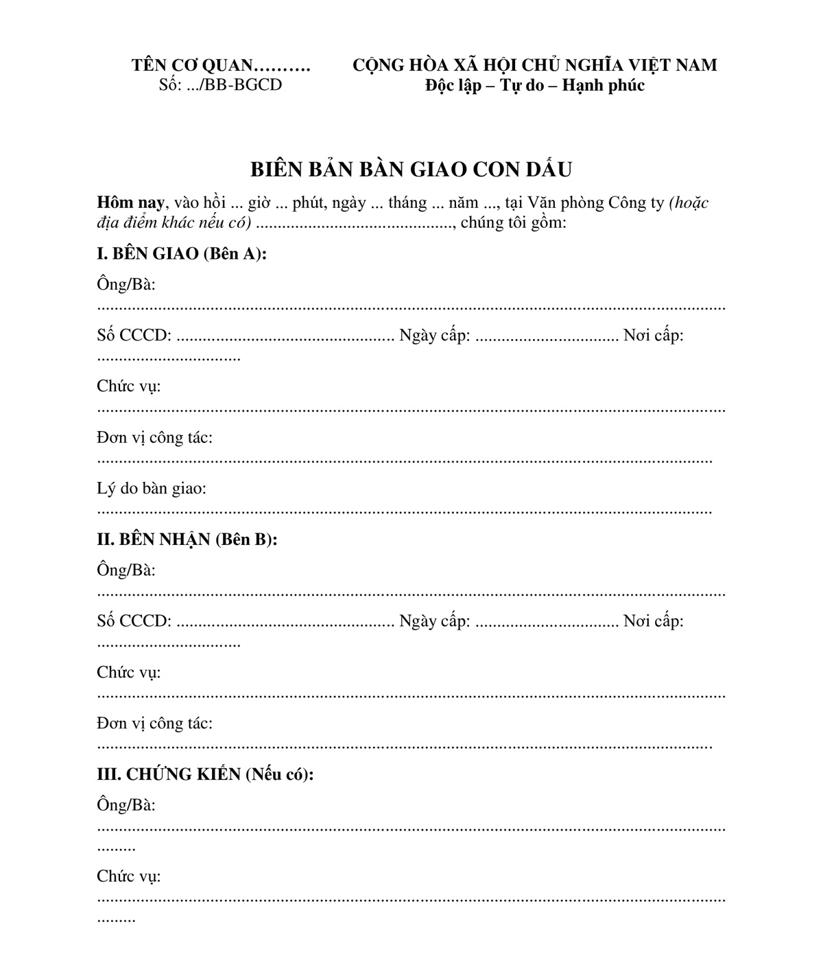 Mẫu biên bản bàn giao con dấu