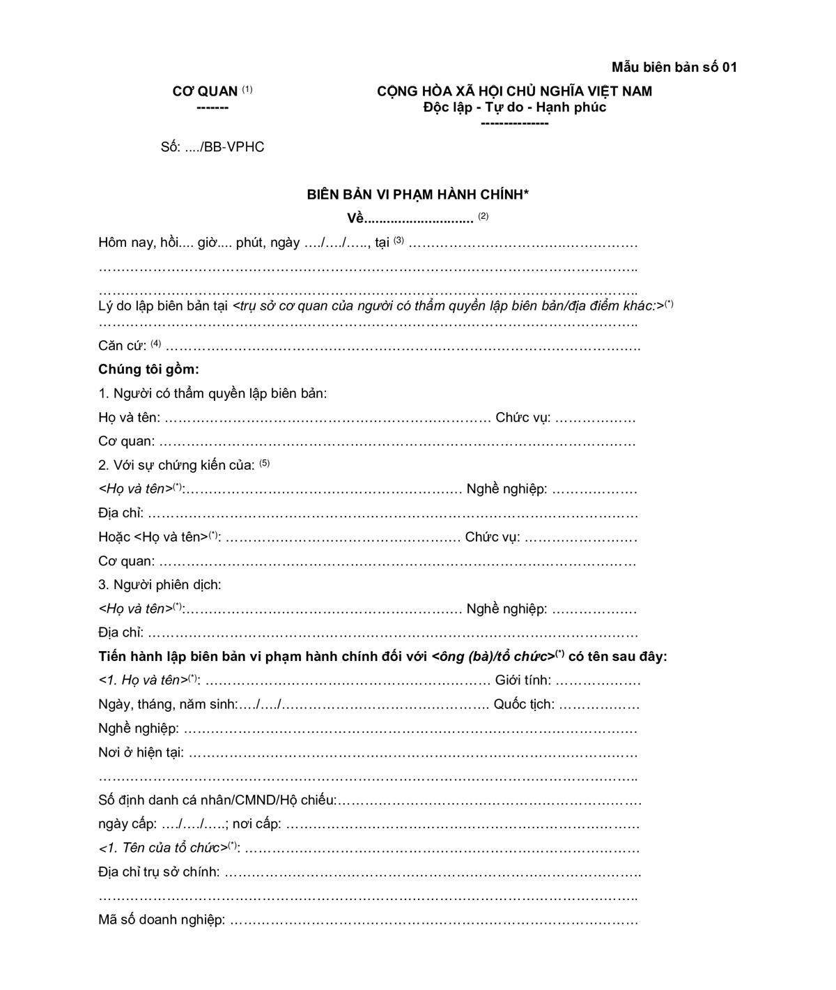 Mẫu biên bản vi phạm hành chính mới